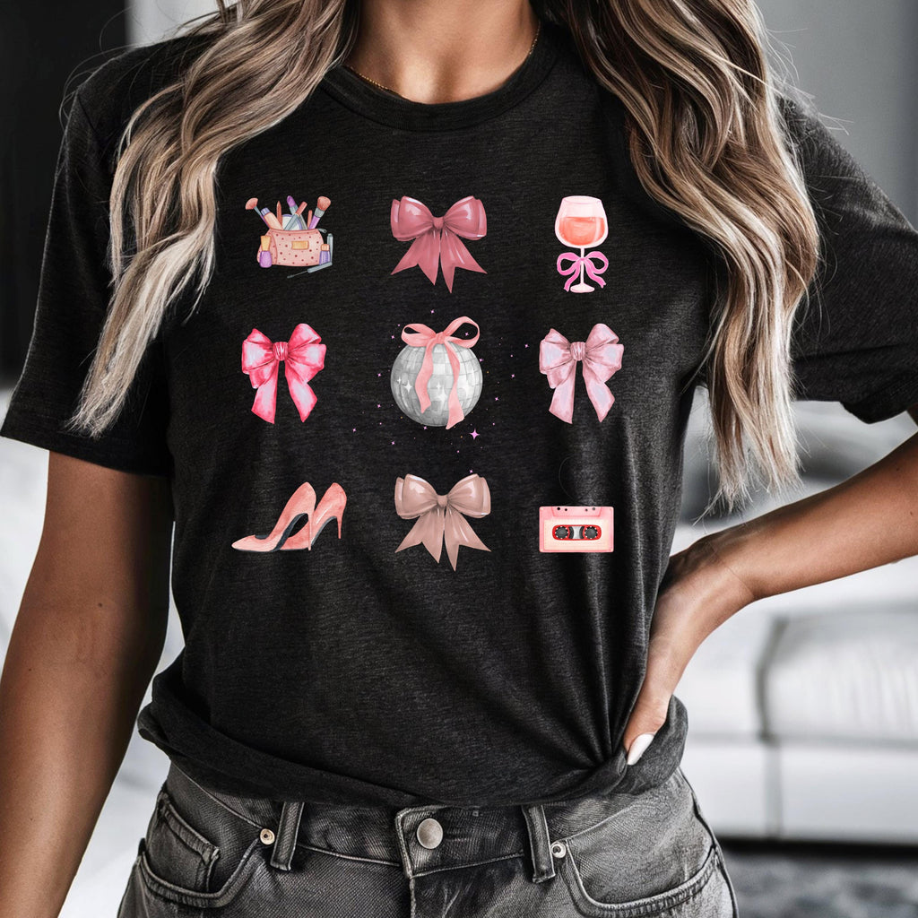 Retro Coquette Bow Shirt - Watercolor Disco Ball and 90s Cassette