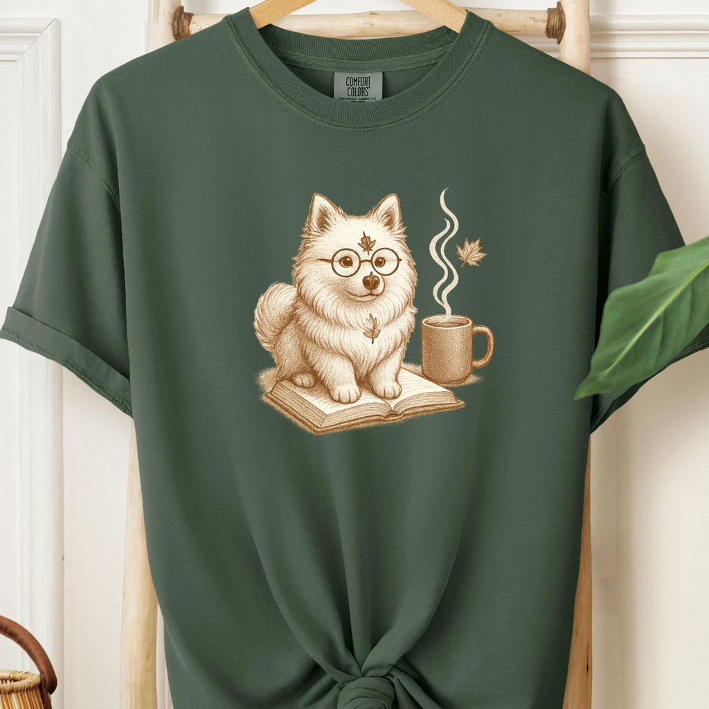 Bookish Pomeranian Tee,  Cozy Fall Dog & Coffee Illustration