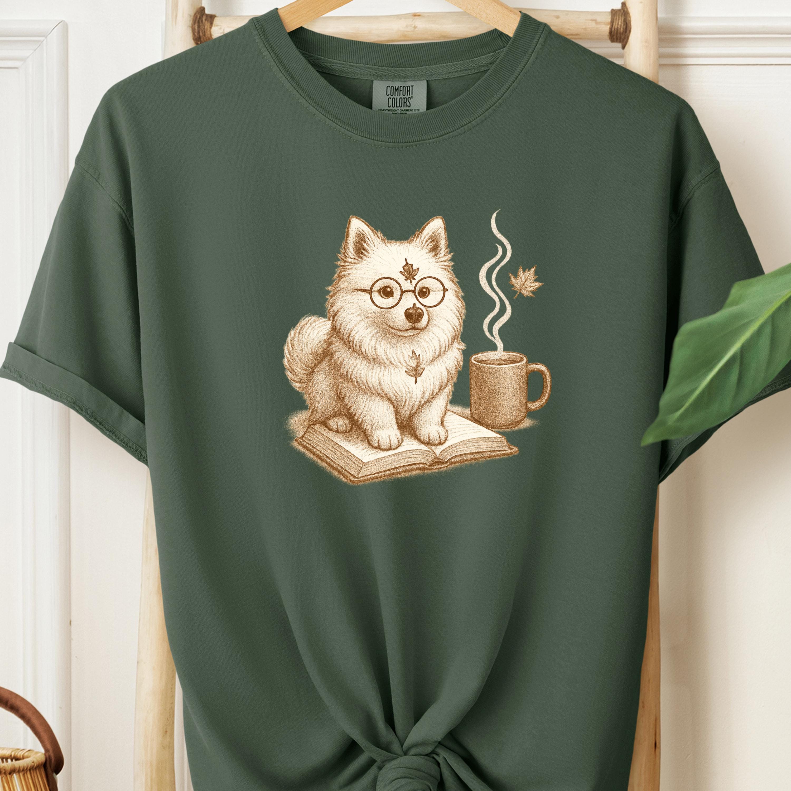 Bookish Pomeranian Tee,  Cozy Fall Dog & Coffee Illustration