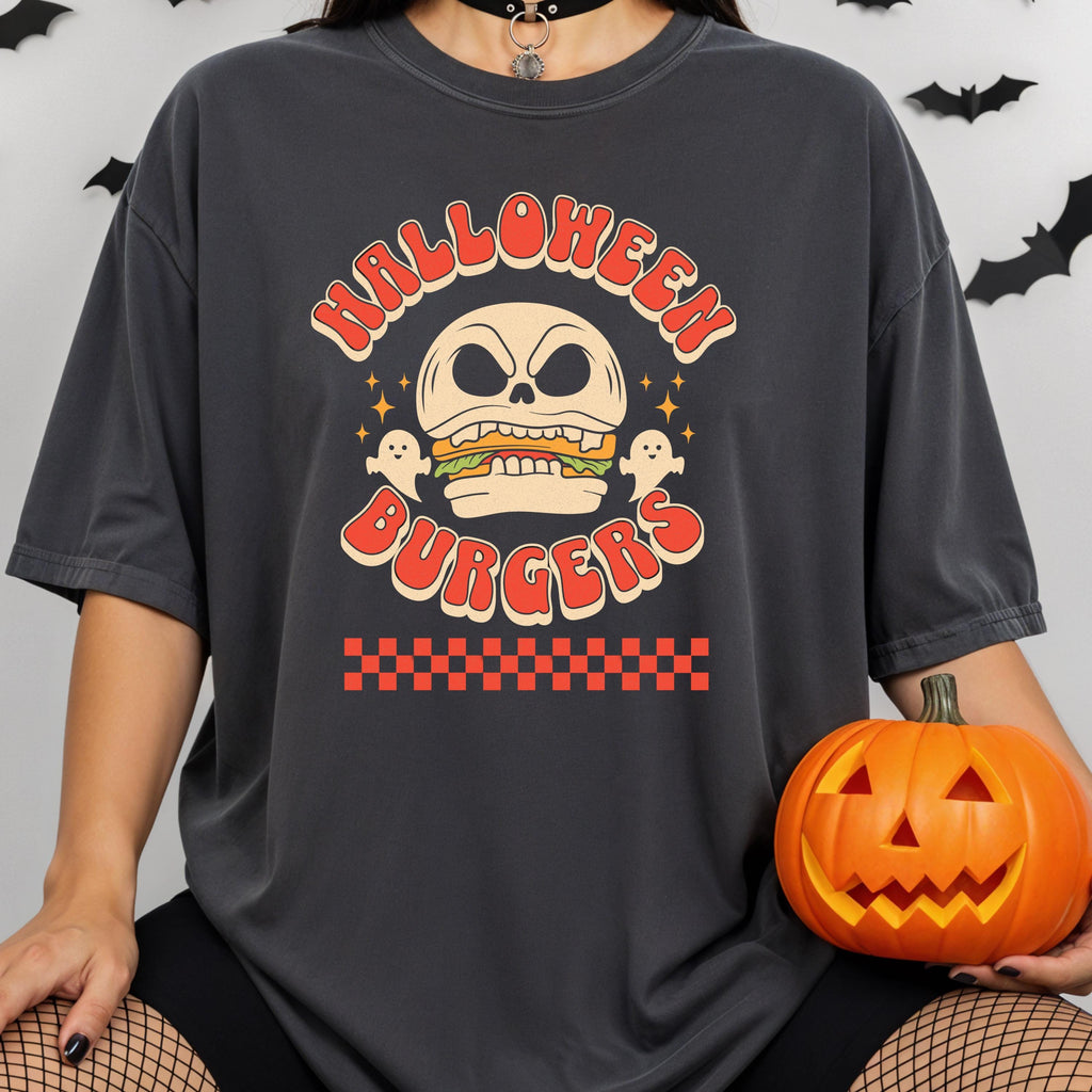 Skull Burger Shirt – Spooky Season Tee, Vintage Halloween Top