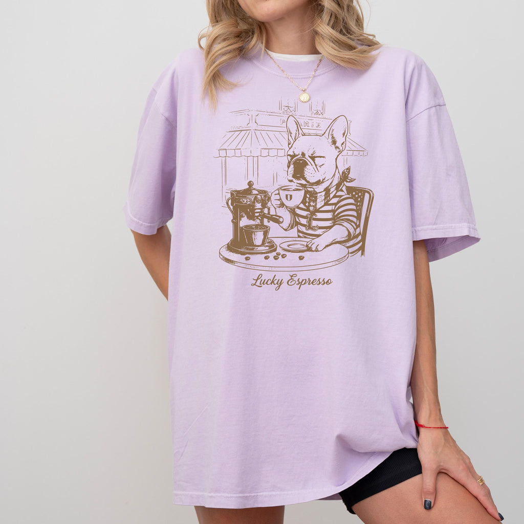 Coffee & Dogs T-Shirt -  French Bulldog Café Sketch, Dog Mom Gift, Comfort Colors