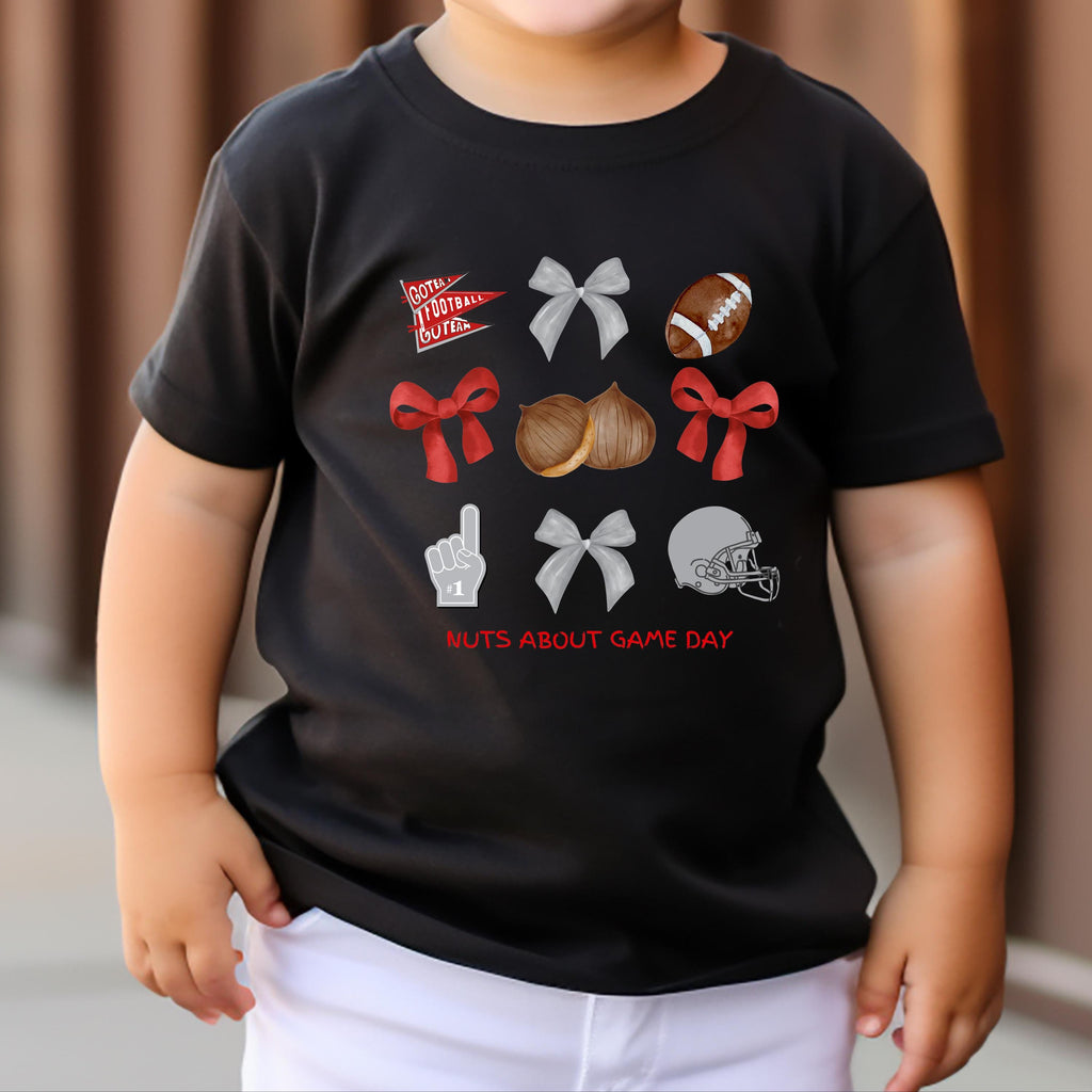 Kids Game Day Shirt, Watercolor Football Pennant & Bows Tee Red and Gray