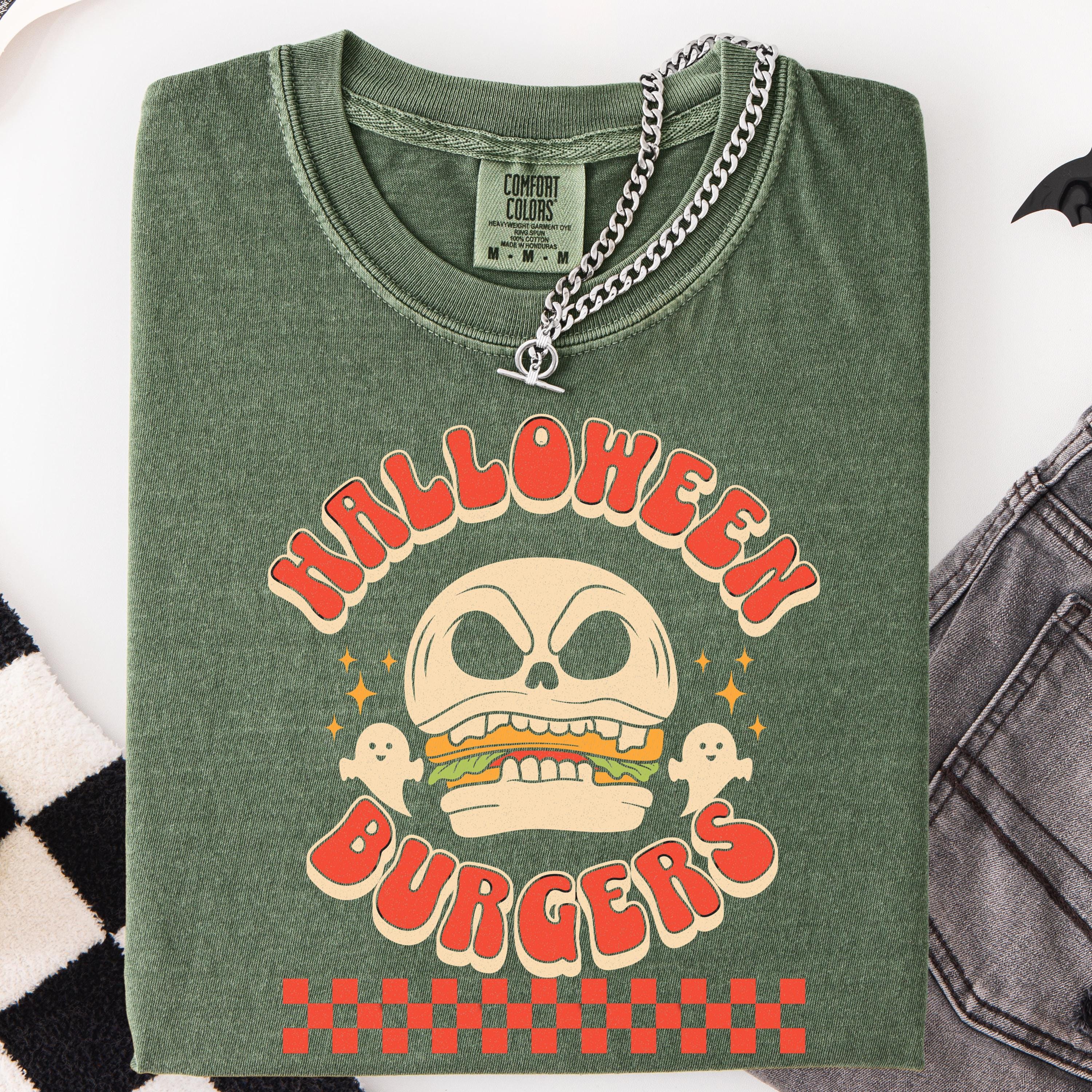 Skull Burger Shirt – Spooky Season Tee, Vintage Halloween Top