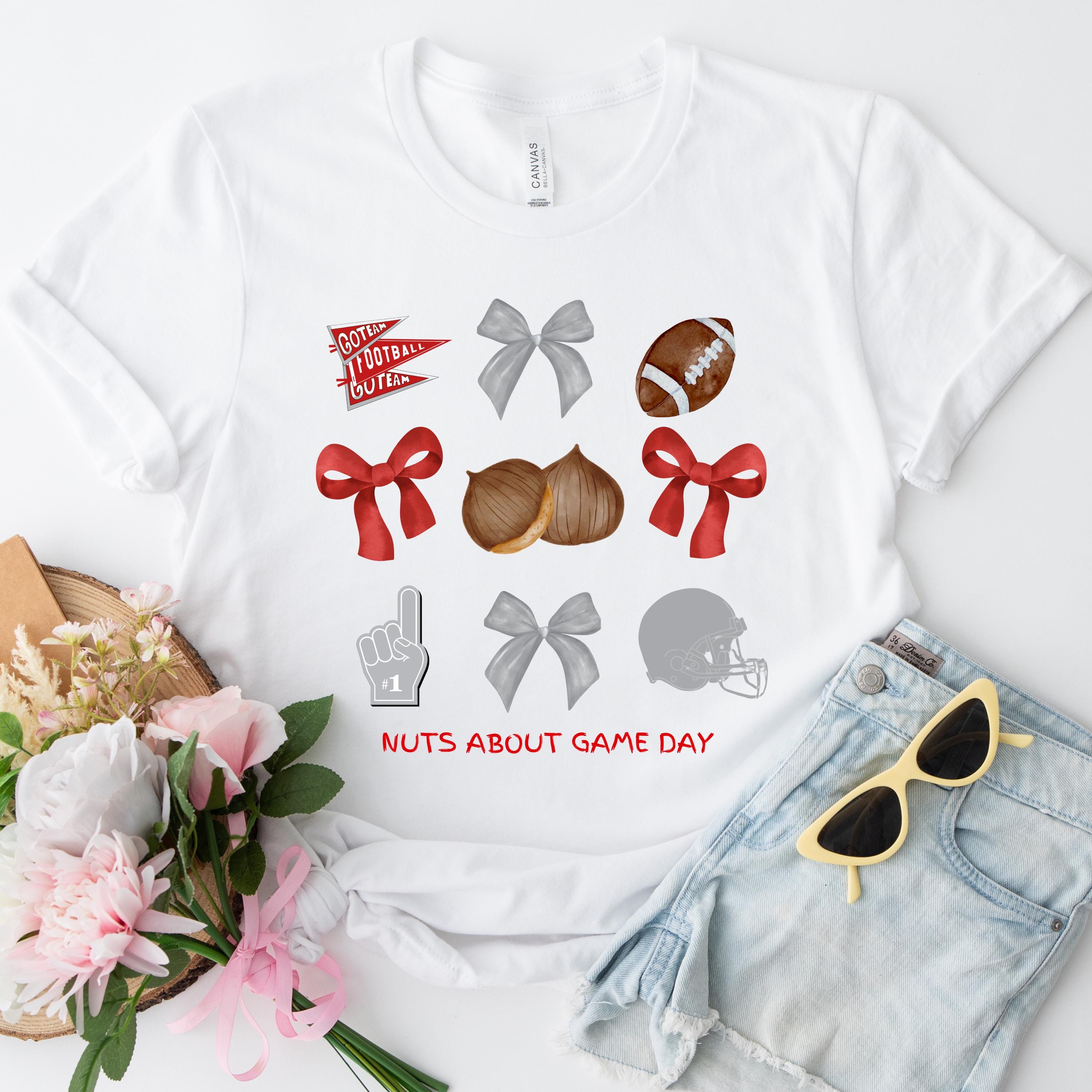 Red and Gray Game Day Shirt, Watercolor Football Pennant & Bows Tee
