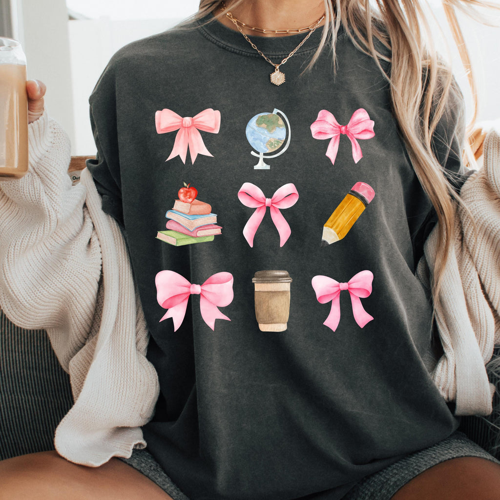 Pastel Coquette Teacher Shirt: Watercolor Bows, Books & Coffee