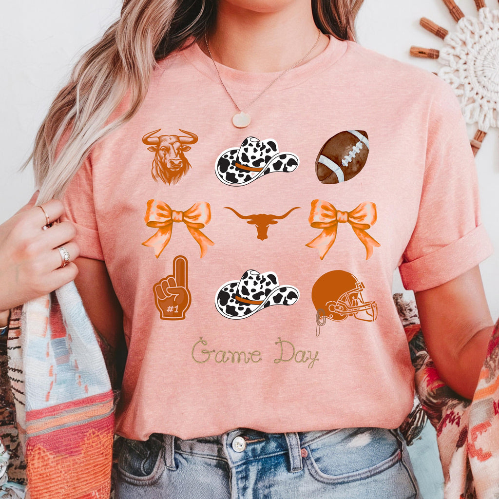Western Football Shirt, Cow Print Cowboy Hat Game Day Tee with Bows
