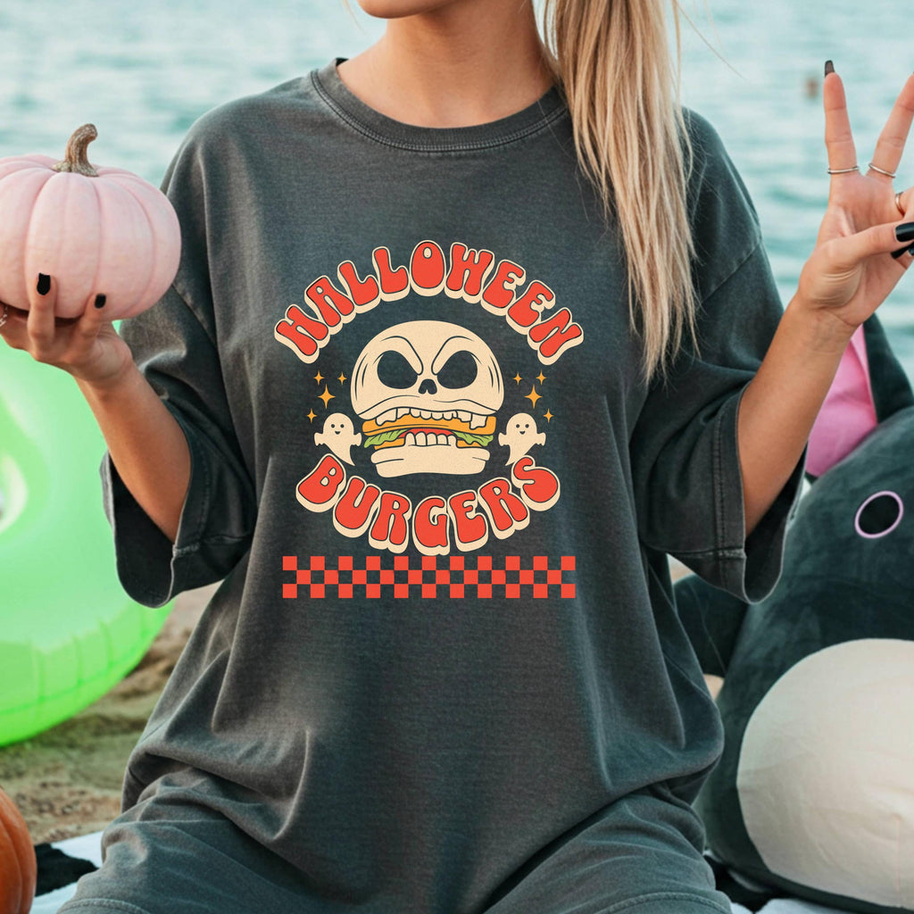 Skull Burger Shirt – Spooky Season Tee, Vintage Halloween Top