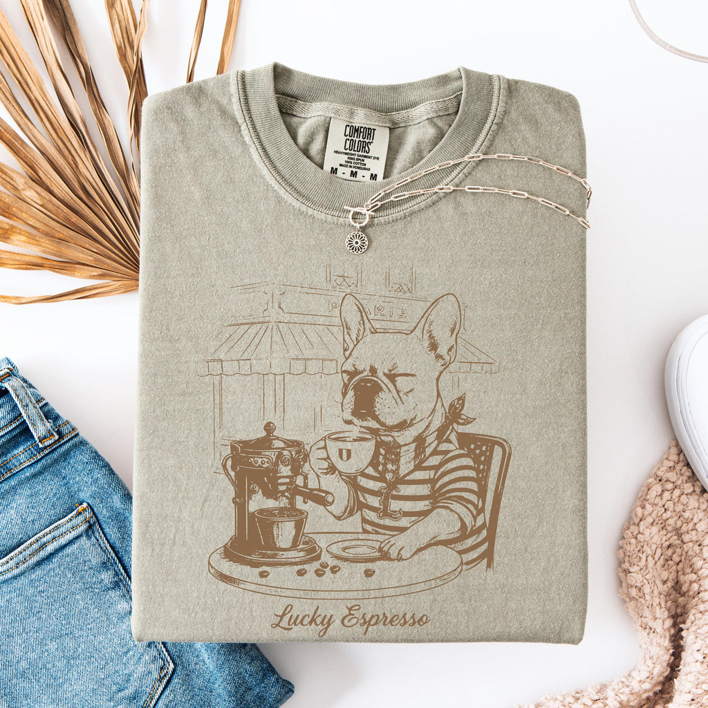 Coffee & Dogs T-Shirt -  French Bulldog Café Sketch, Dog Mom Gift, Comfort Colors