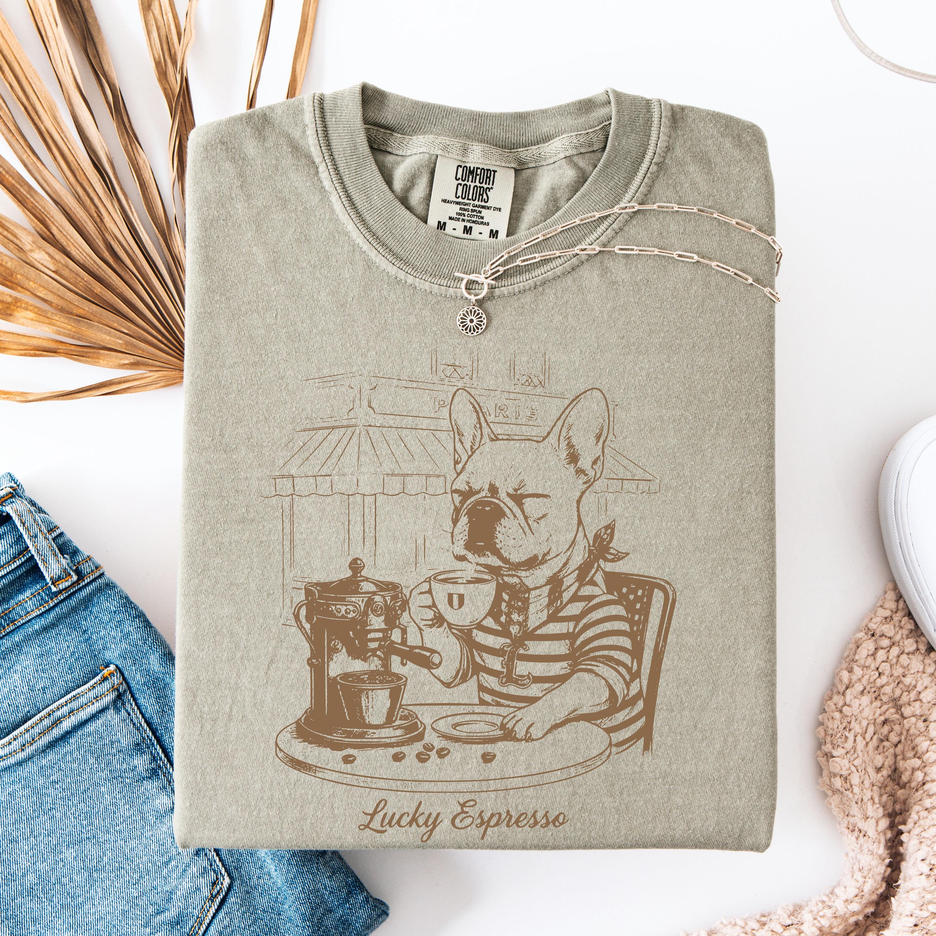 Coffee & Dogs T-Shirt -  French Bulldog Café Sketch, Dog Mom Gift, Comfort Colors