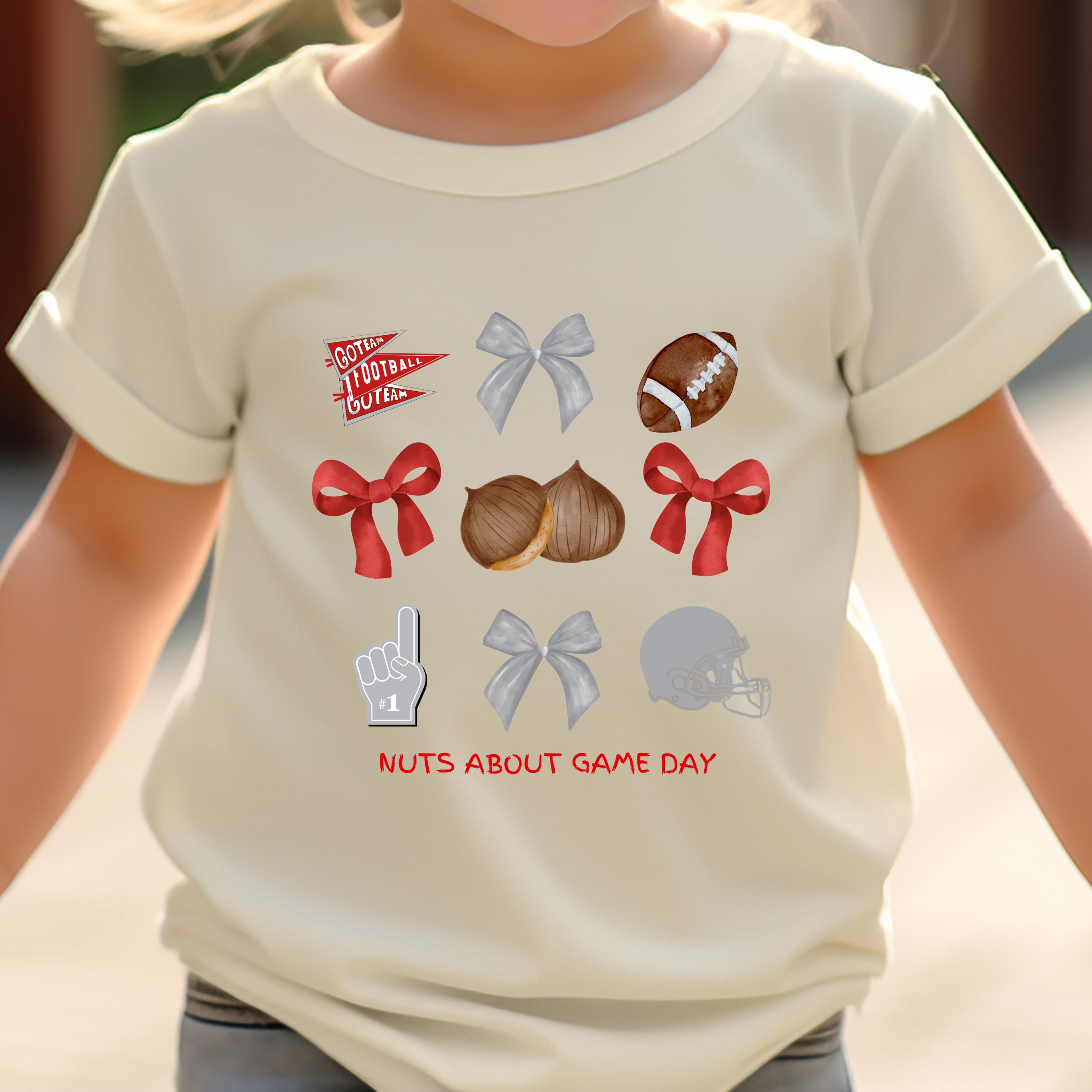 Kids Game Day Shirt, Watercolor Football Pennant & Bows Tee Red and Gray