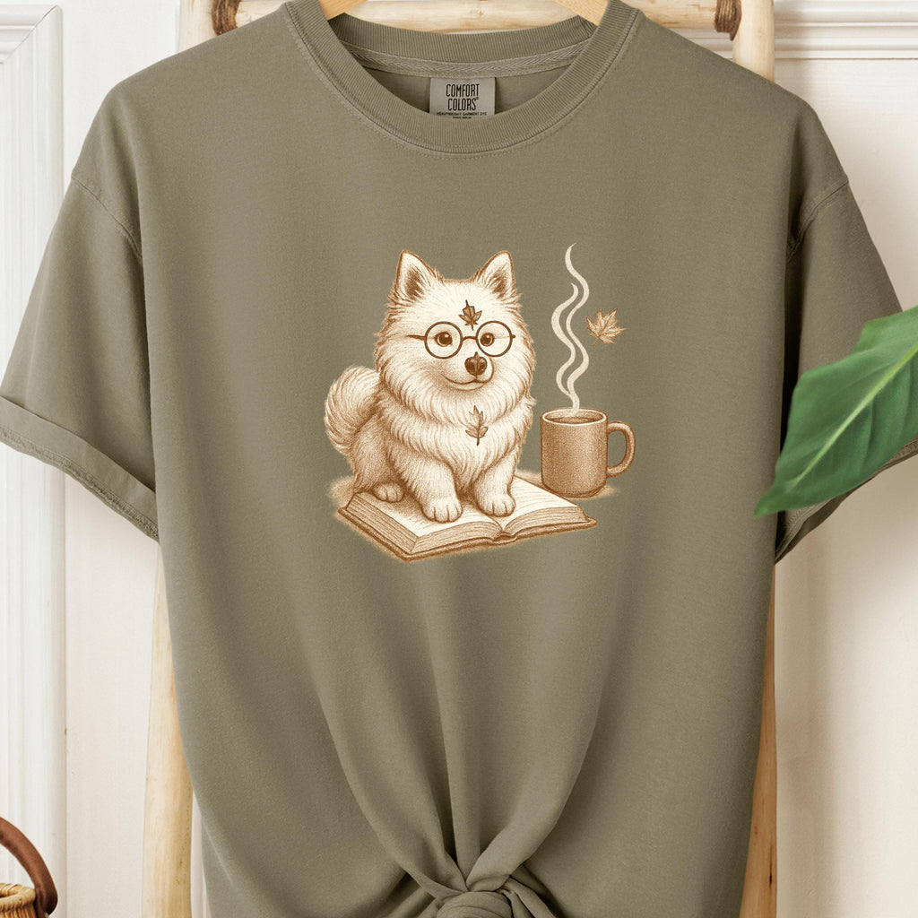 Bookish Pomeranian Tee,  Cozy Fall Dog & Coffee Illustration