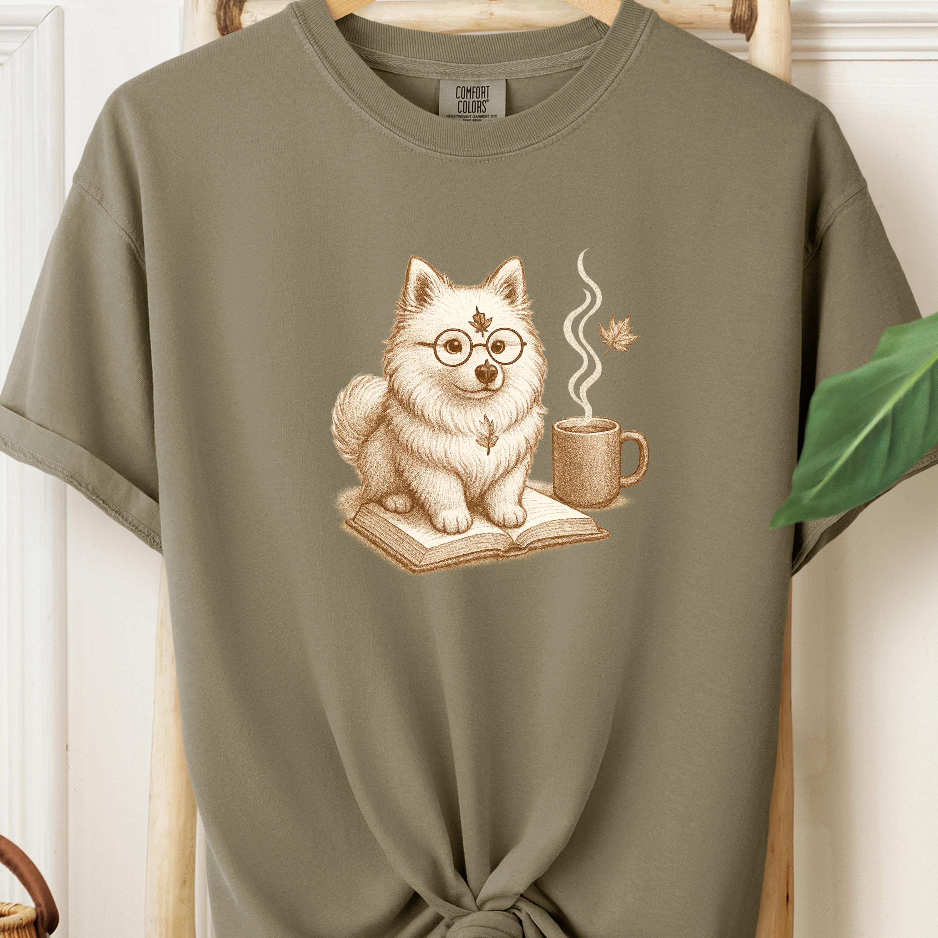 Bookish Pomeranian Tee,  Cozy Fall Dog & Coffee Illustration