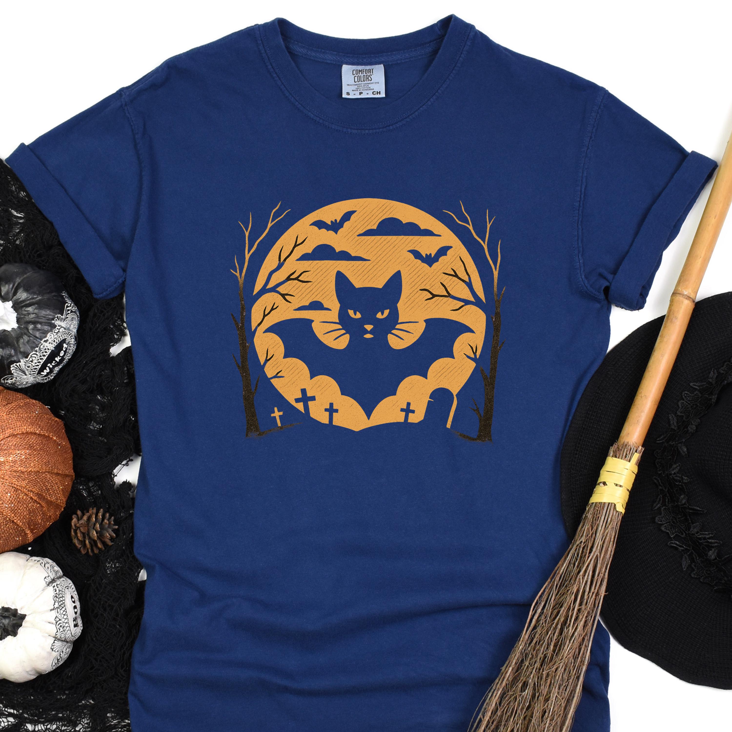 Black Cat Halloween Shirt – Spooky Graveyard Tee