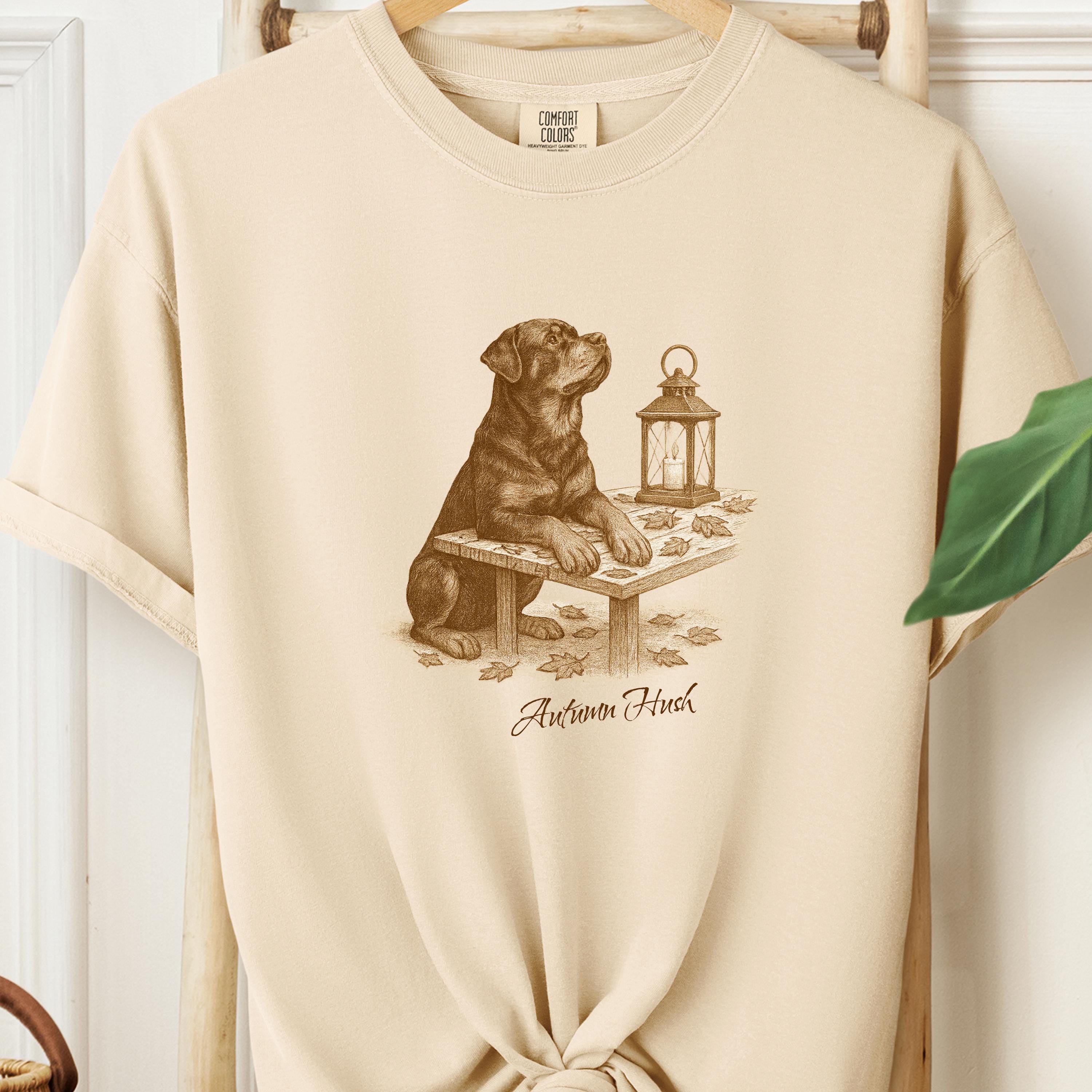 Rottweiler Autumn Hush Tee - Dog with Lantern & Falling Leaves - Vintage Cozy