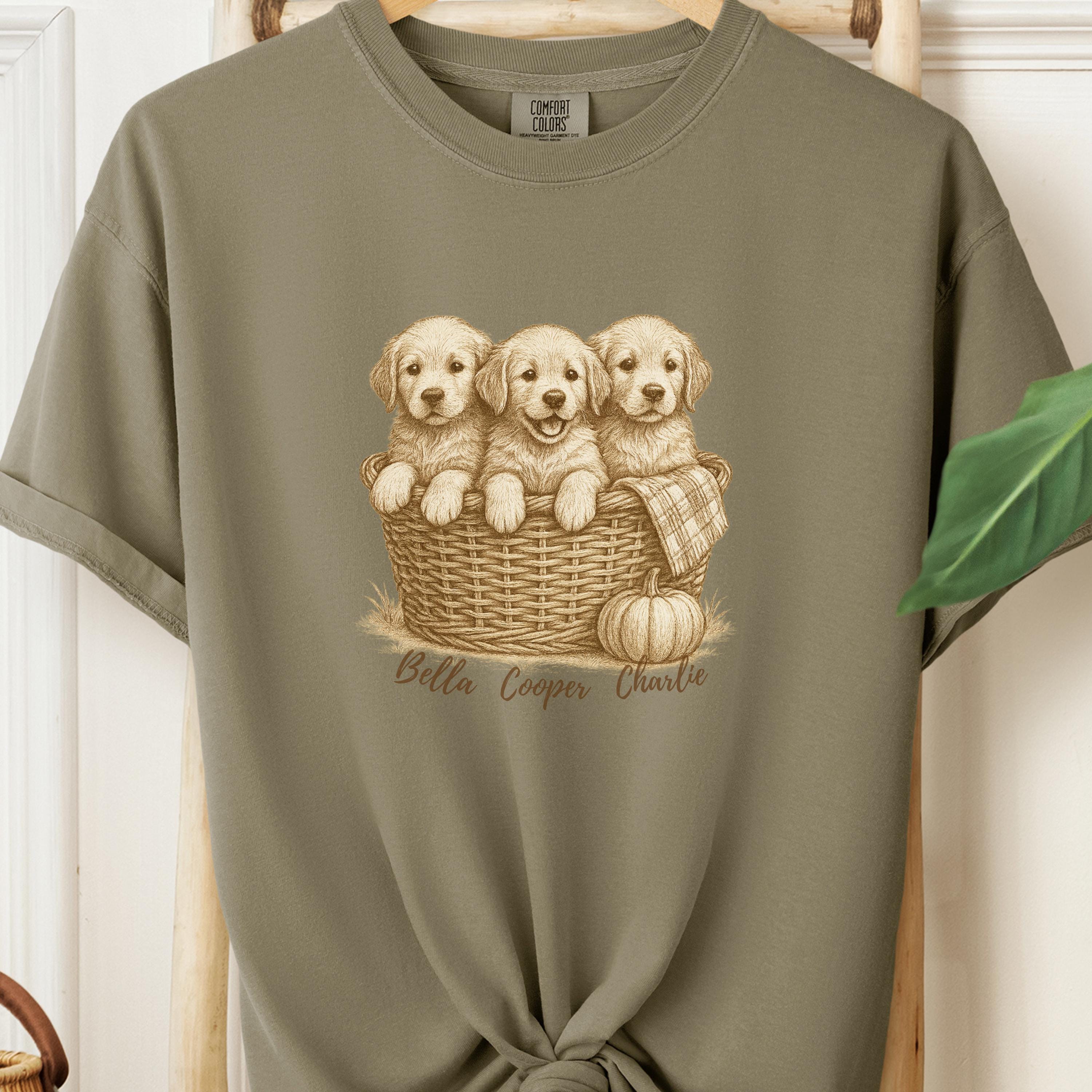 Golden Retriever Puppies Fall Tee - Basket & Pumpkin
