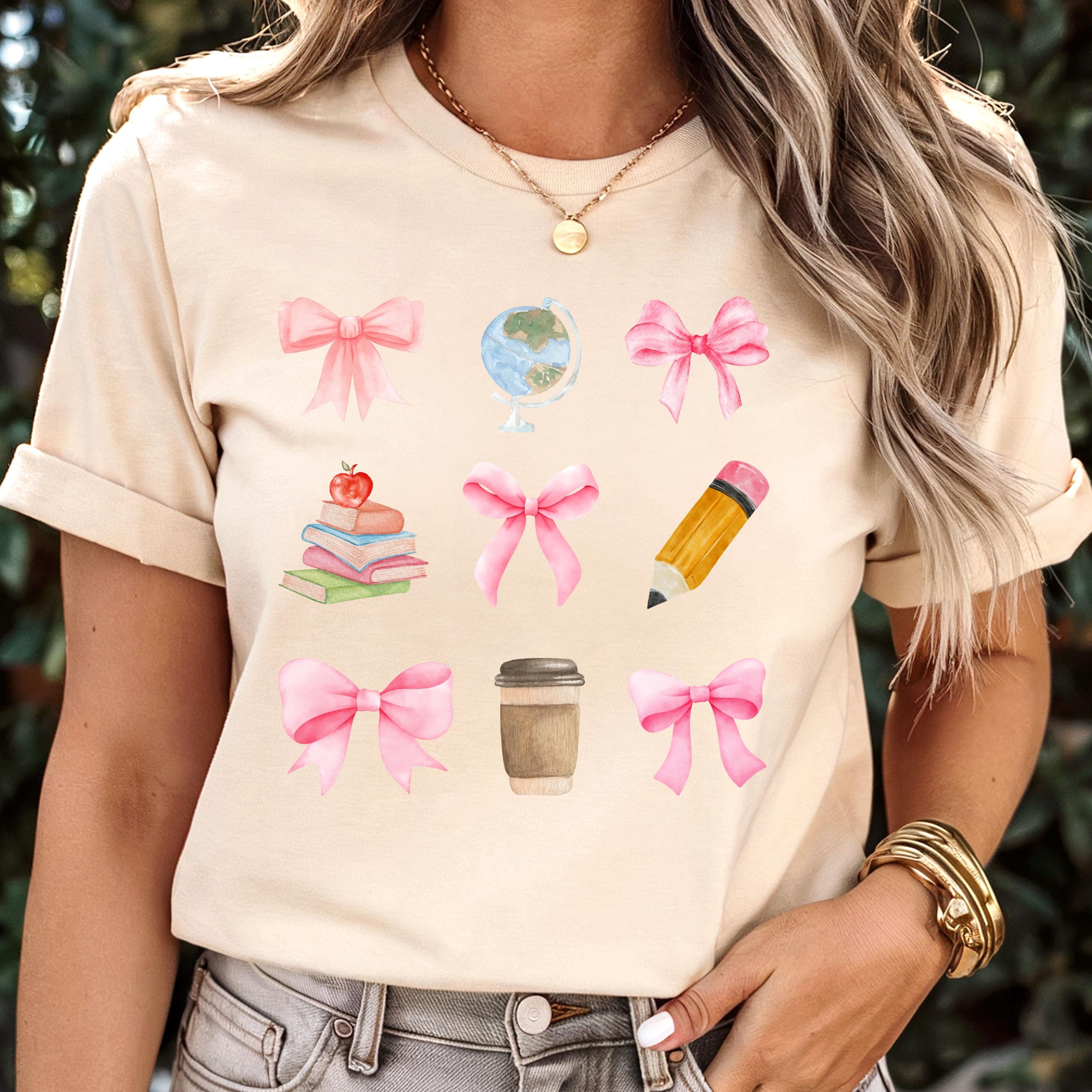 Pastel Coquette Teacher Shirt: Watercolor Bows, Books & Coffee