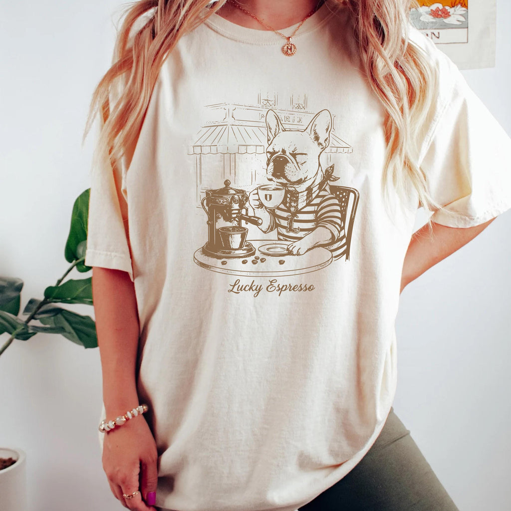 Coffee & Dogs T-Shirt -  French Bulldog Café Sketch, Dog Mom Gift, Comfort Colors