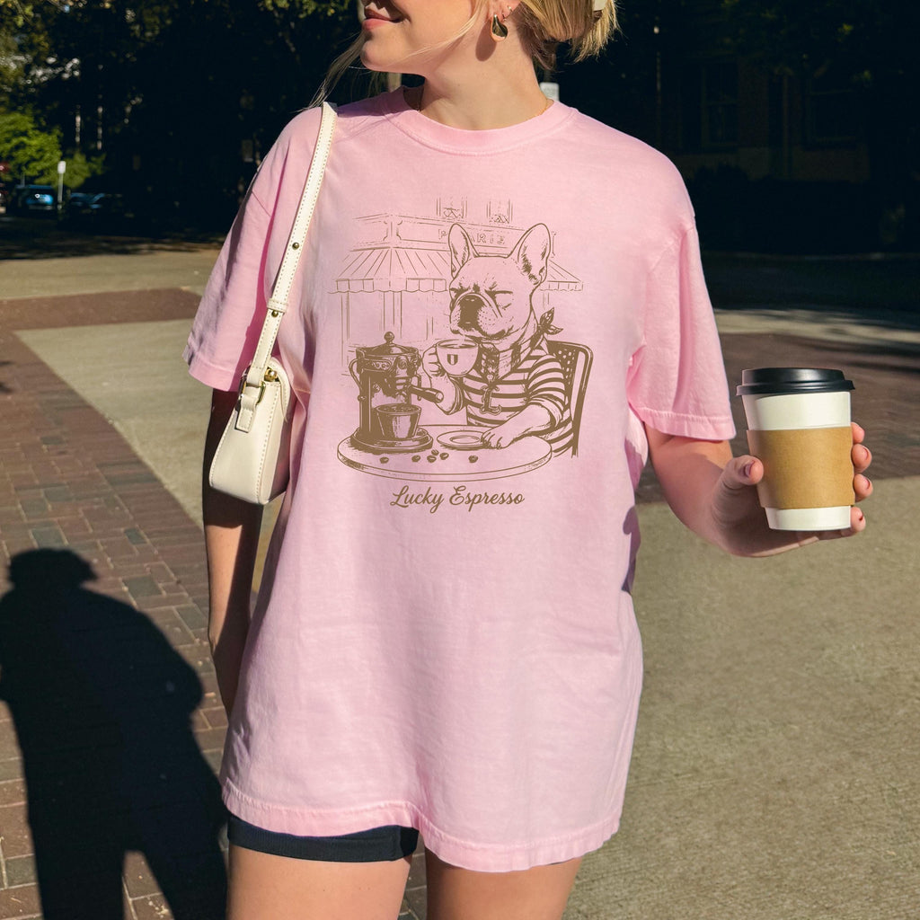Coffee & Dogs T-Shirt -  French Bulldog Café Sketch, Dog Mom Gift, Comfort Colors