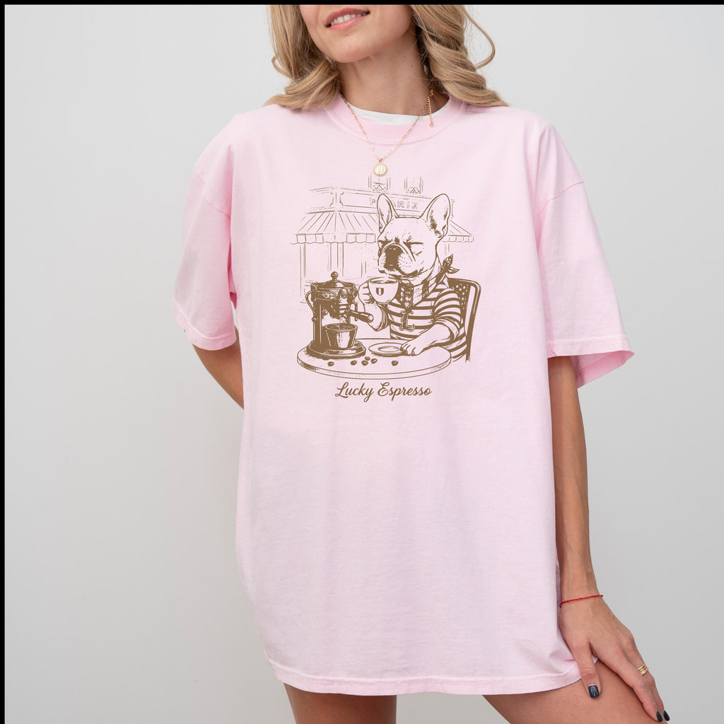 Coffee & Dogs T-Shirt -  French Bulldog Café Sketch, Dog Mom Gift, Comfort Colors