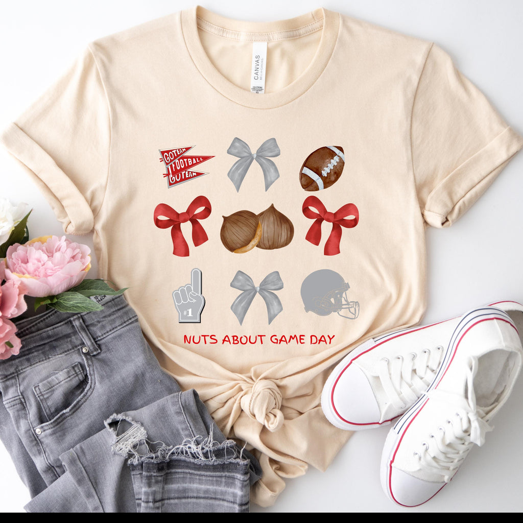 Red and Gray Game Day Shirt, Watercolor Football Pennant & Bows Tee