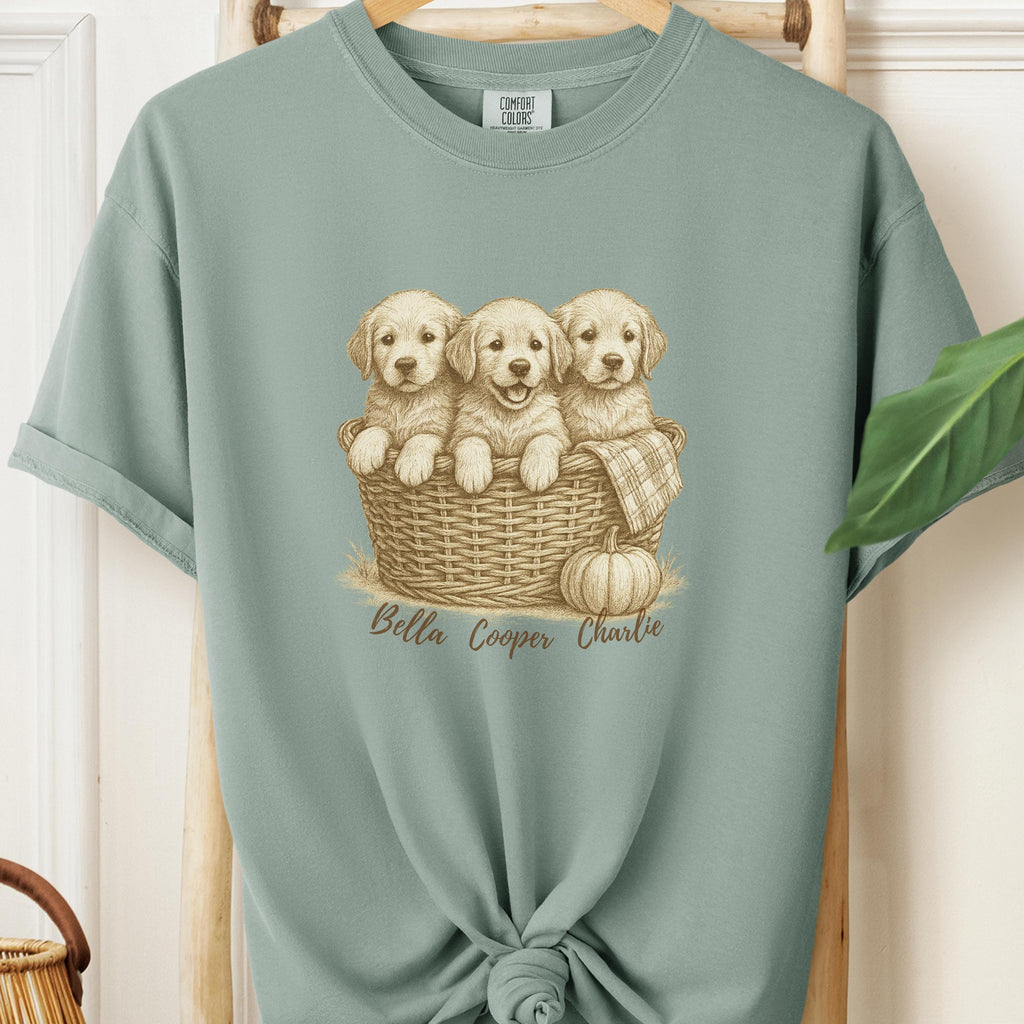 Golden Retriever Puppies Fall Tee - Basket & Pumpkin