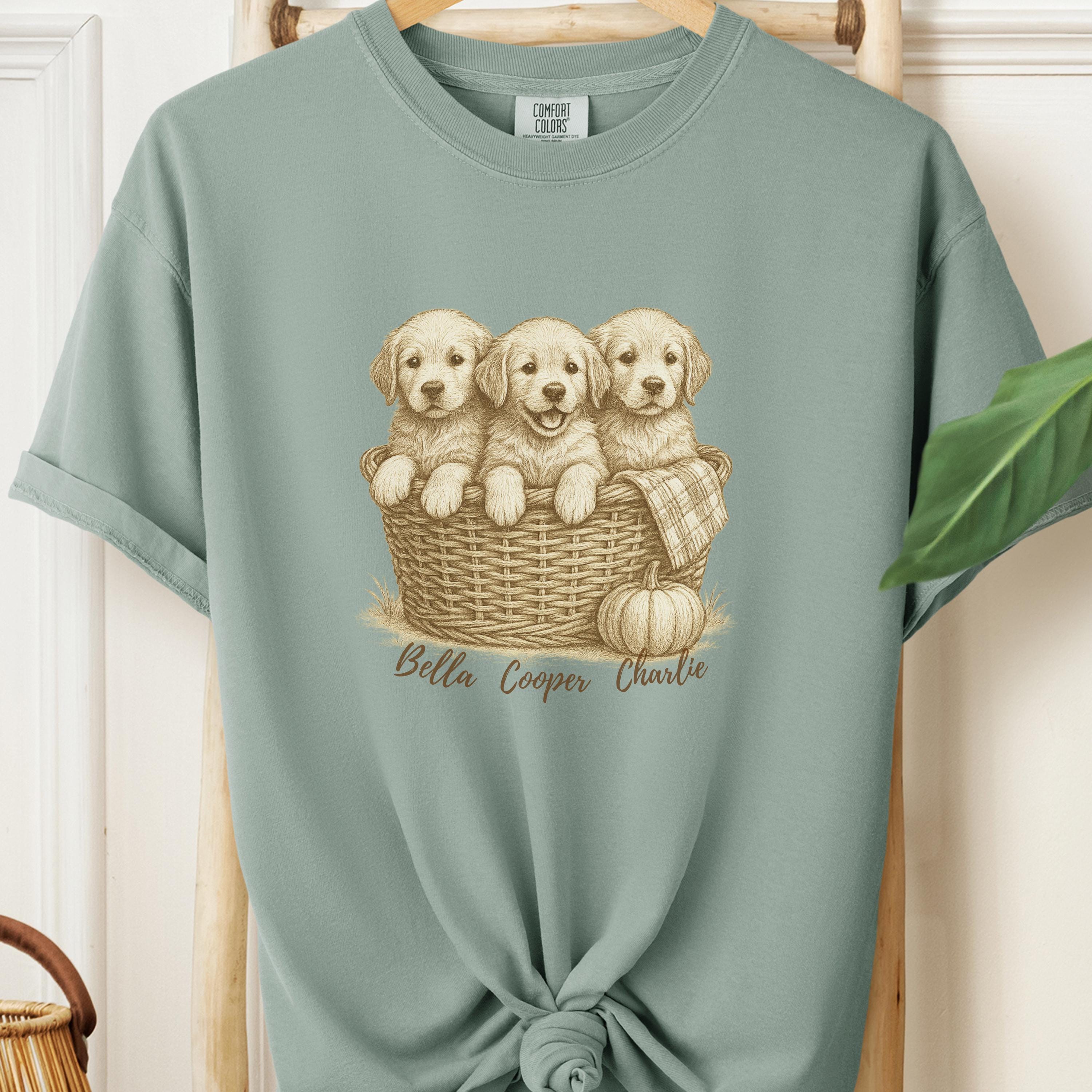 Golden Retriever Puppies Fall Tee - Basket & Pumpkin
