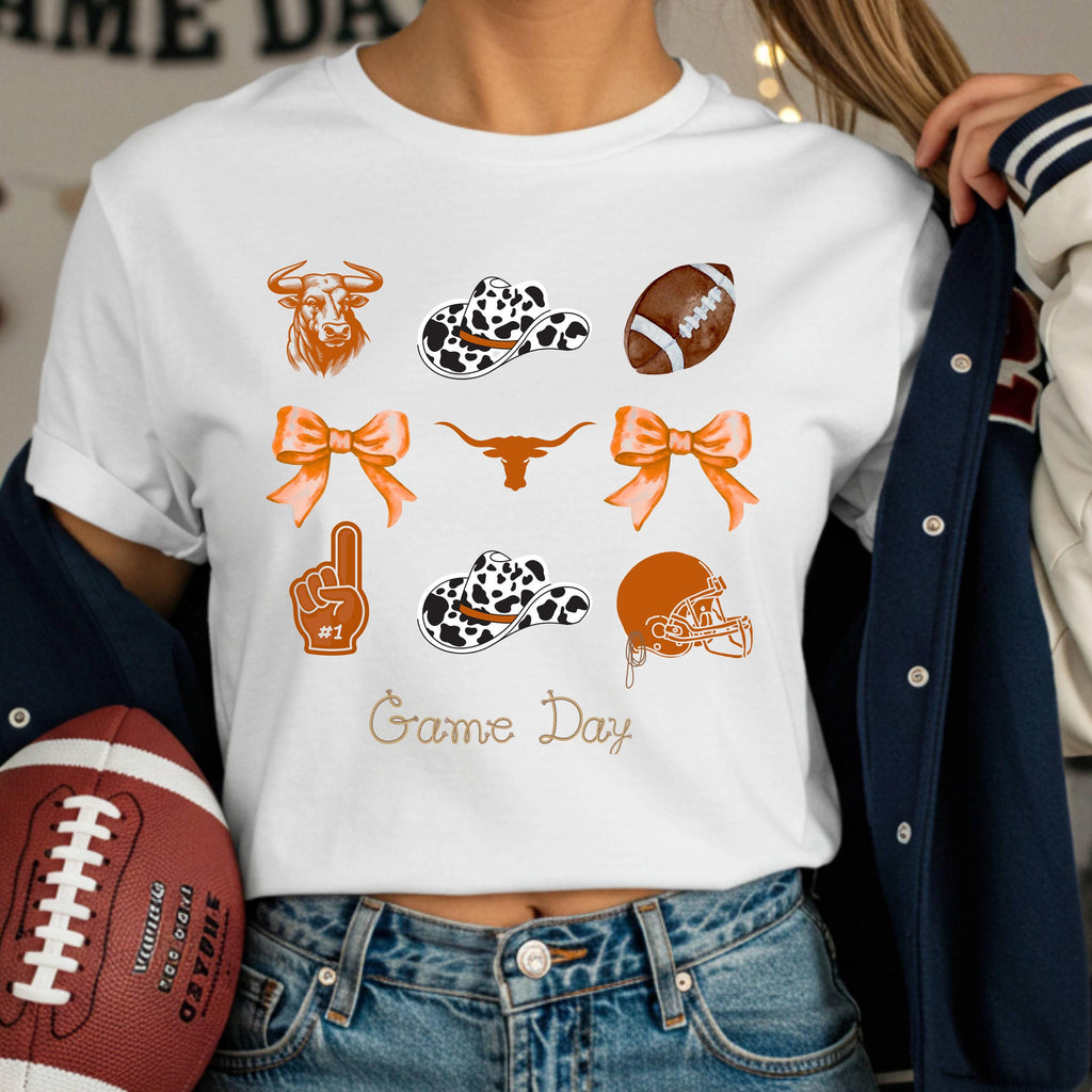 Western Football Shirt, Cow Print Cowboy Hat Game Day Tee with Bows