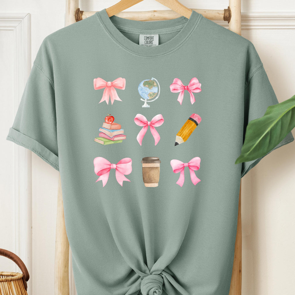 Pastel Coquette Teacher Shirt: Watercolor Bows, Books & Coffee