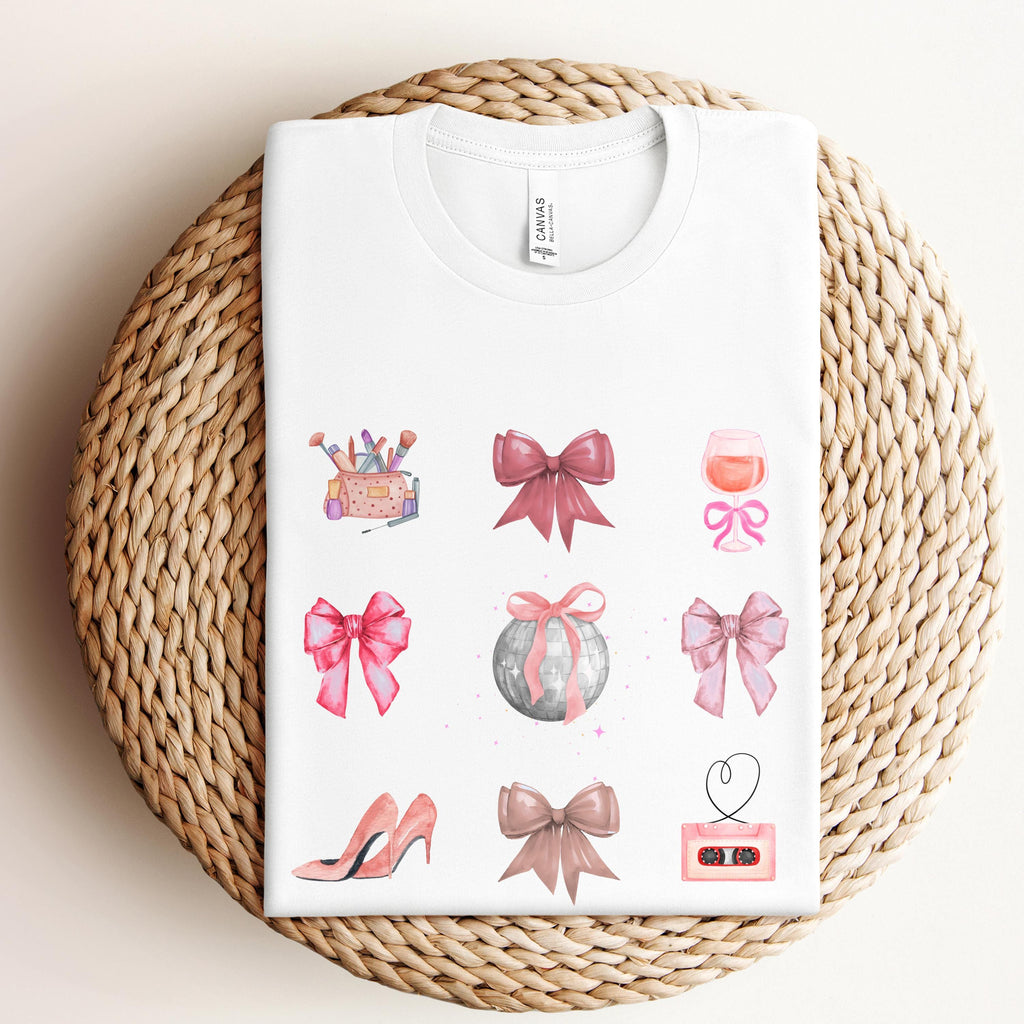 Retro Coquette Bow Shirt - Watercolor Disco Ball and 90s Cassette