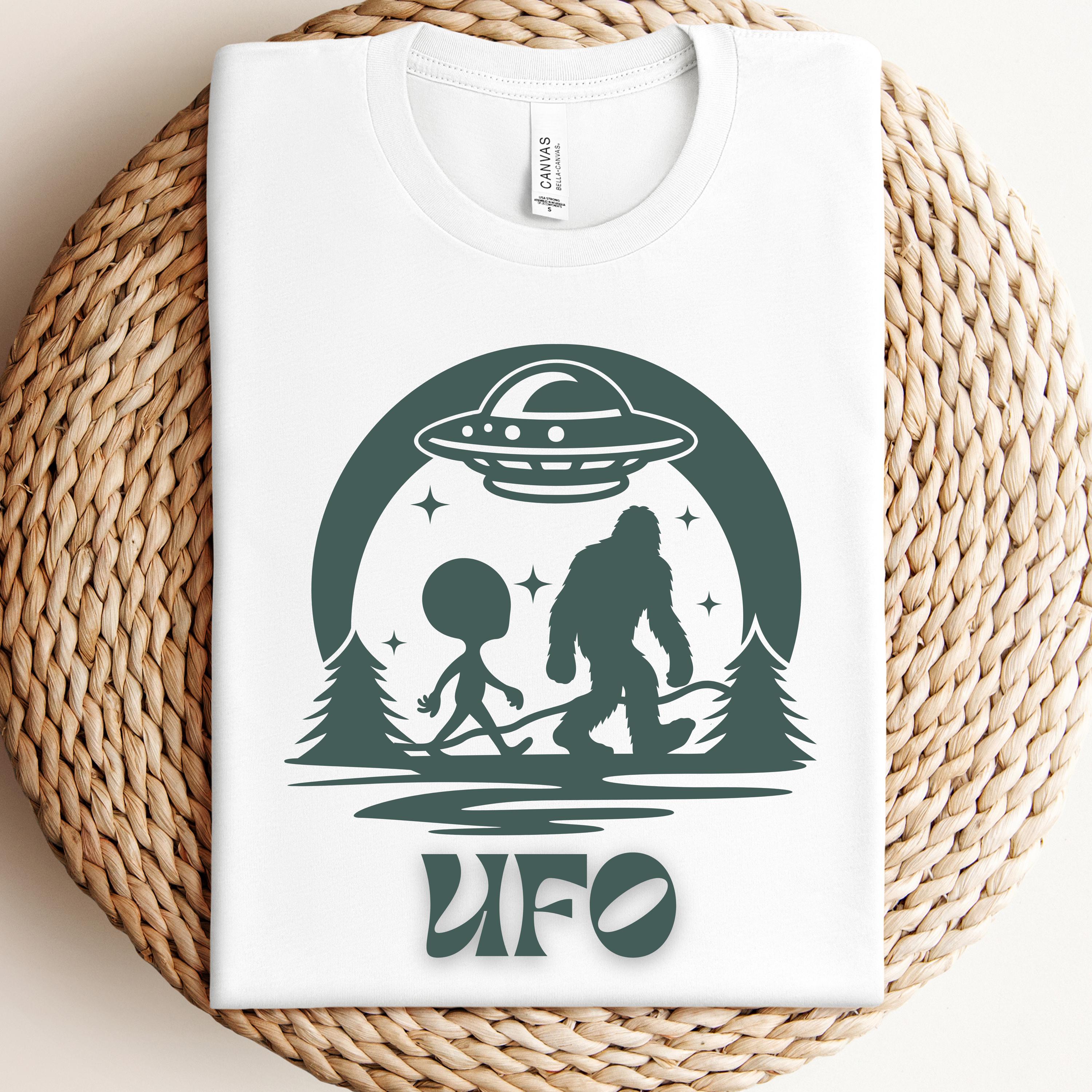 UFO Adventure Unisex Tee: Quirky Alien & Bigfoot Graphic Shirt,