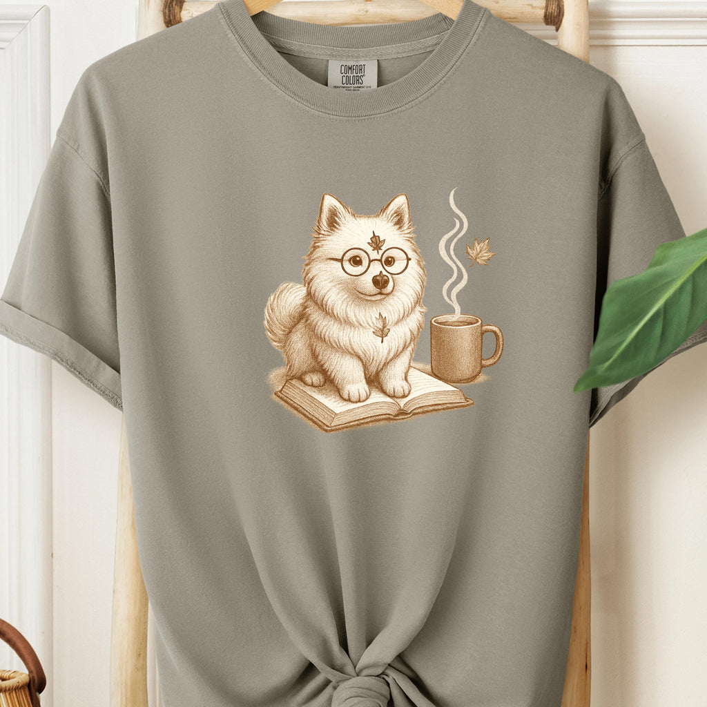 Bookish Pomeranian Tee,  Cozy Fall Dog & Coffee Illustration