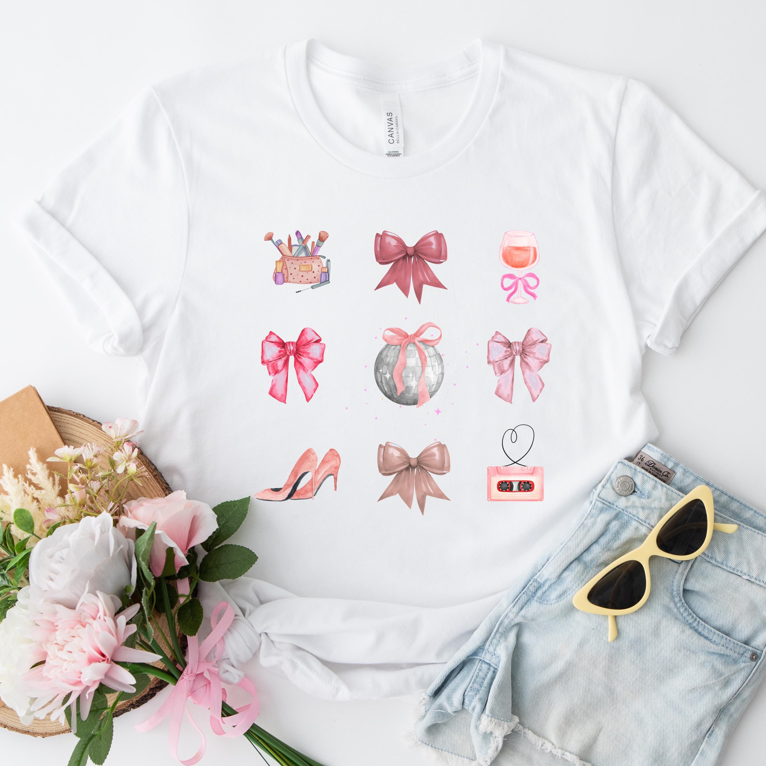 Retro Coquette Bow Shirt - Watercolor Disco Ball and 90s Cassette