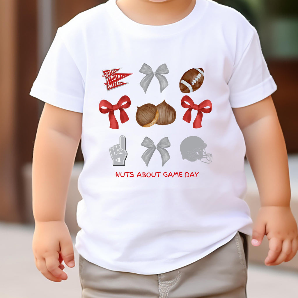 Kids Game Day Shirt, Watercolor Football Pennant & Bows Tee Red and Gray