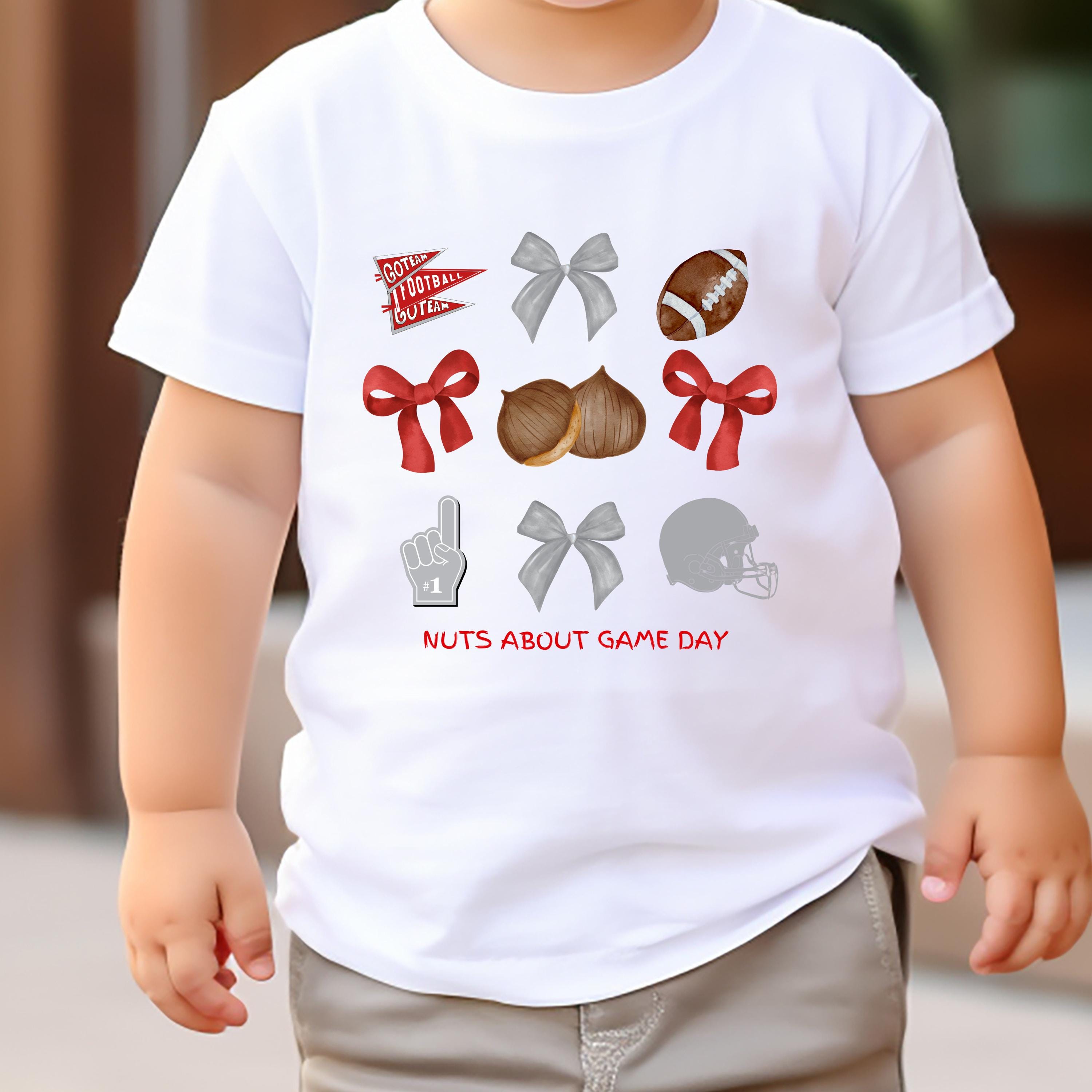 Kids Game Day Shirt, Watercolor Football Pennant & Bows Tee Red and Gray