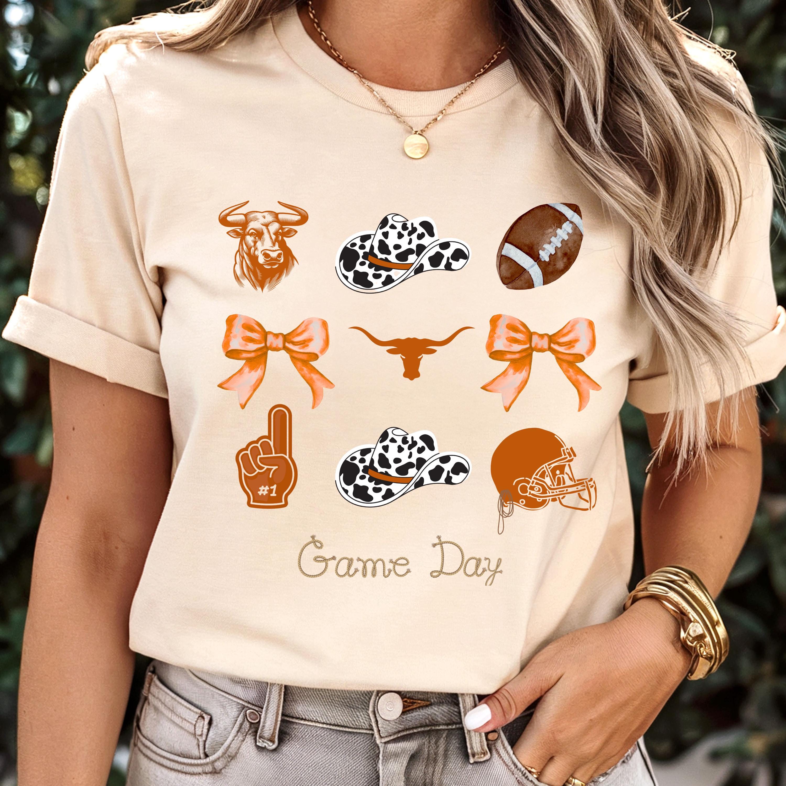 Western Football Shirt, Cow Print Cowboy Hat Game Day Tee with Bows