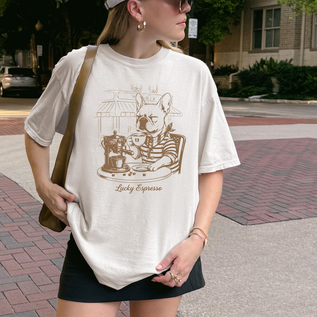 Coffee & Dogs T-Shirt -  French Bulldog Café Sketch, Dog Mom Gift, Comfort Colors