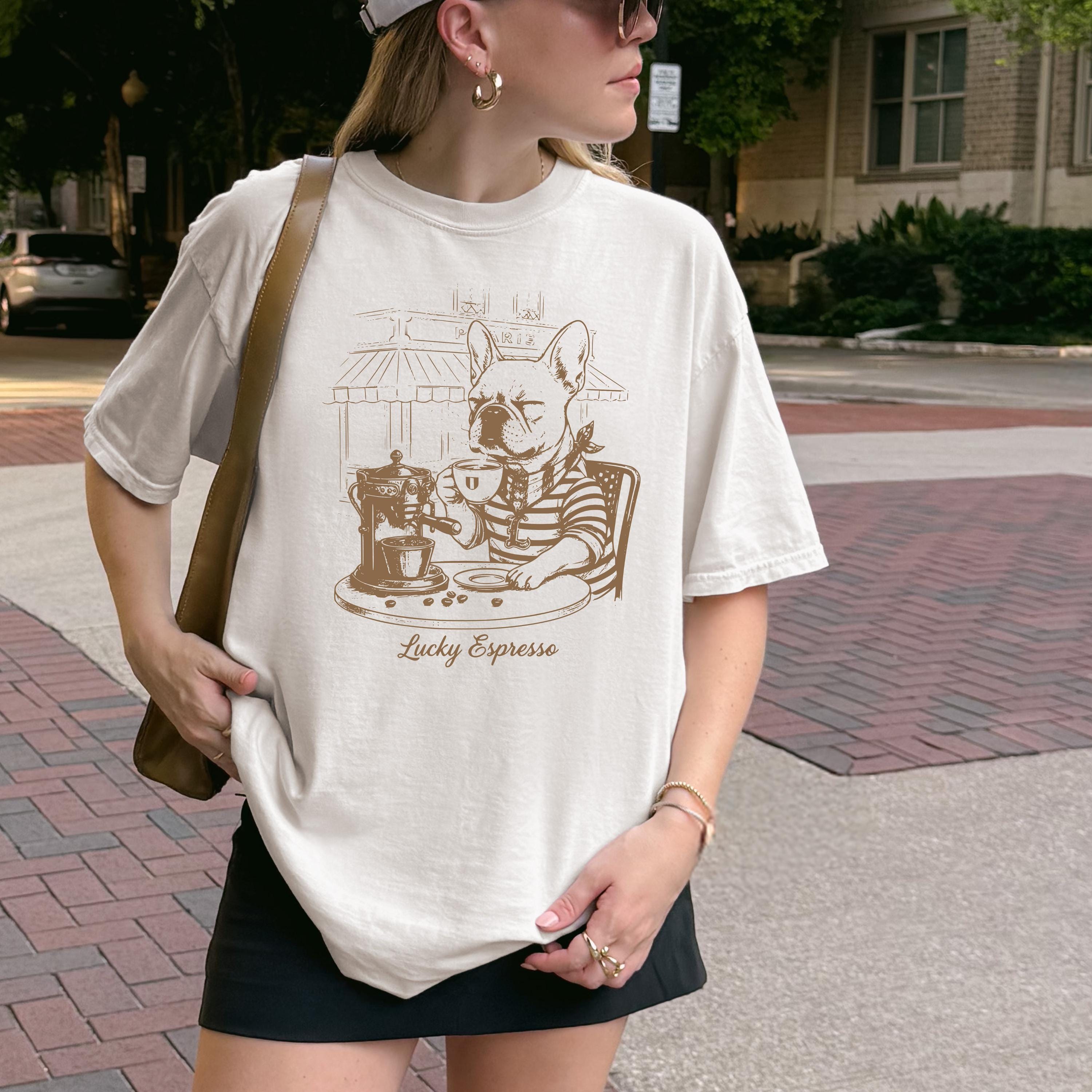 Coffee & Dogs T-Shirt -  French Bulldog Café Sketch, Dog Mom Gift, Comfort Colors