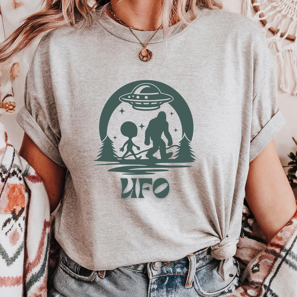 UFO Adventure Unisex Tee: Quirky Alien & Bigfoot Graphic Shirt,