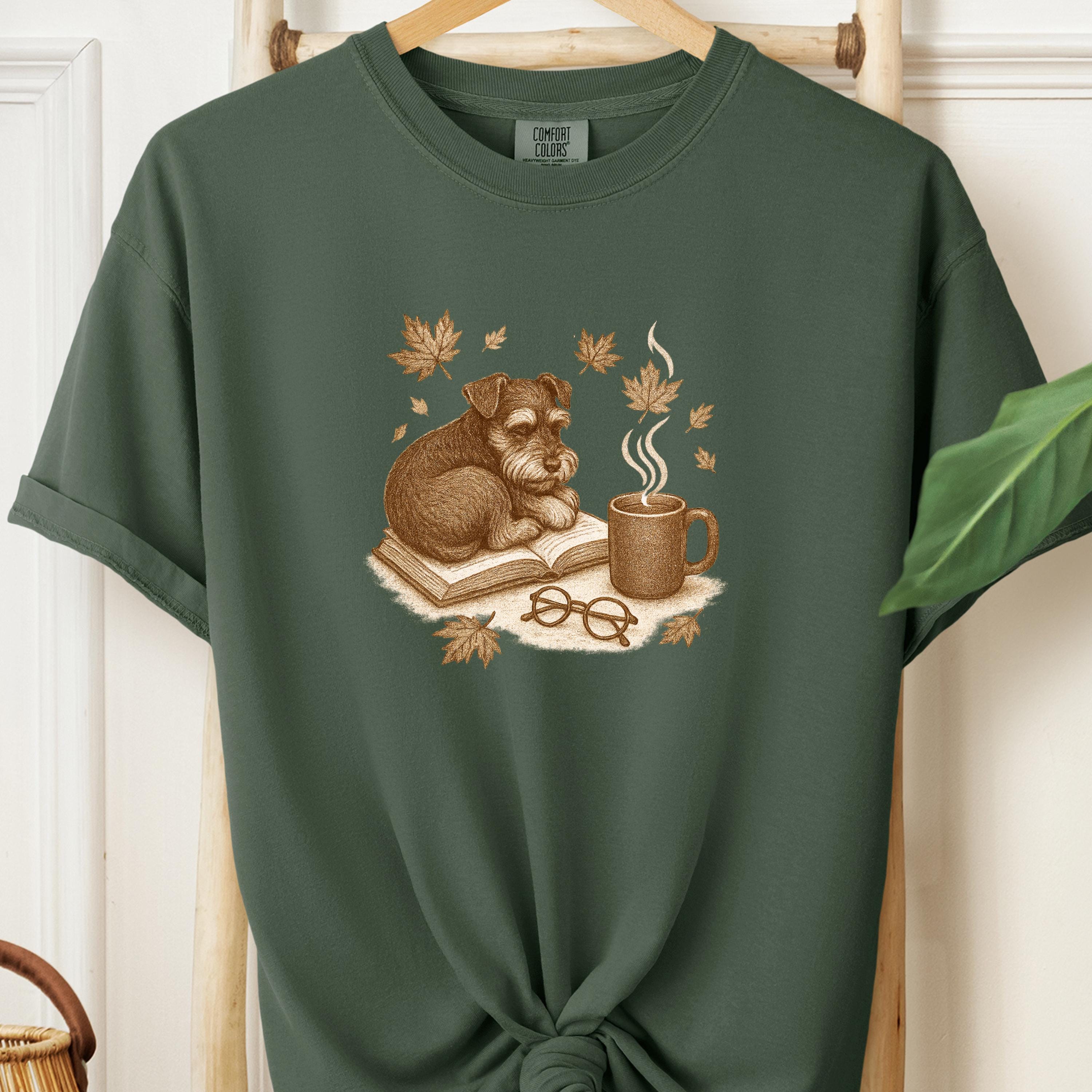 Coffee Lover Gift, Minimalist Dog Outline, Dogs, Coffee & Books Tee – Comfort Colors 1717