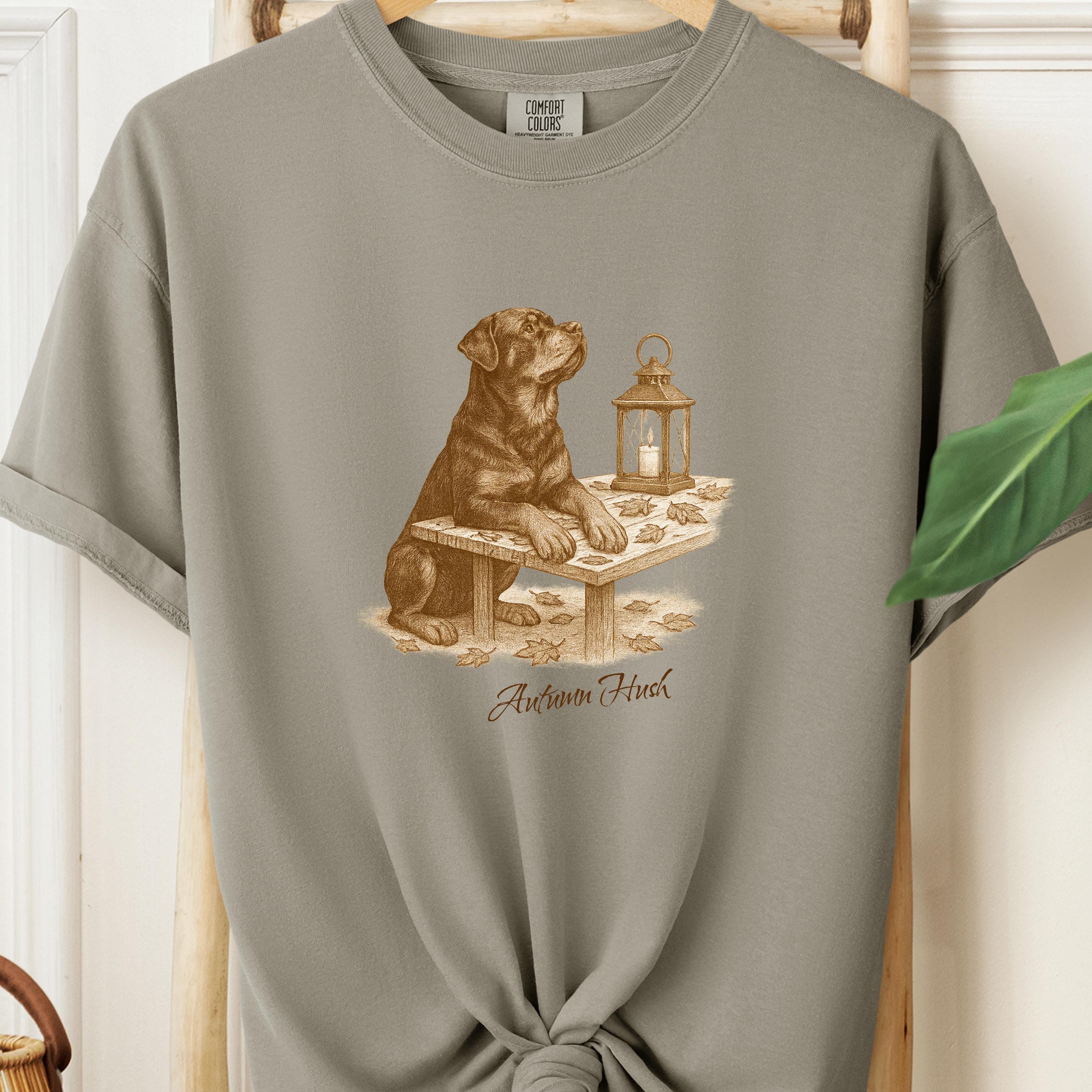 Rottweiler Autumn Hush Tee - Dog with Lantern & Falling Leaves - Vintage Cozy