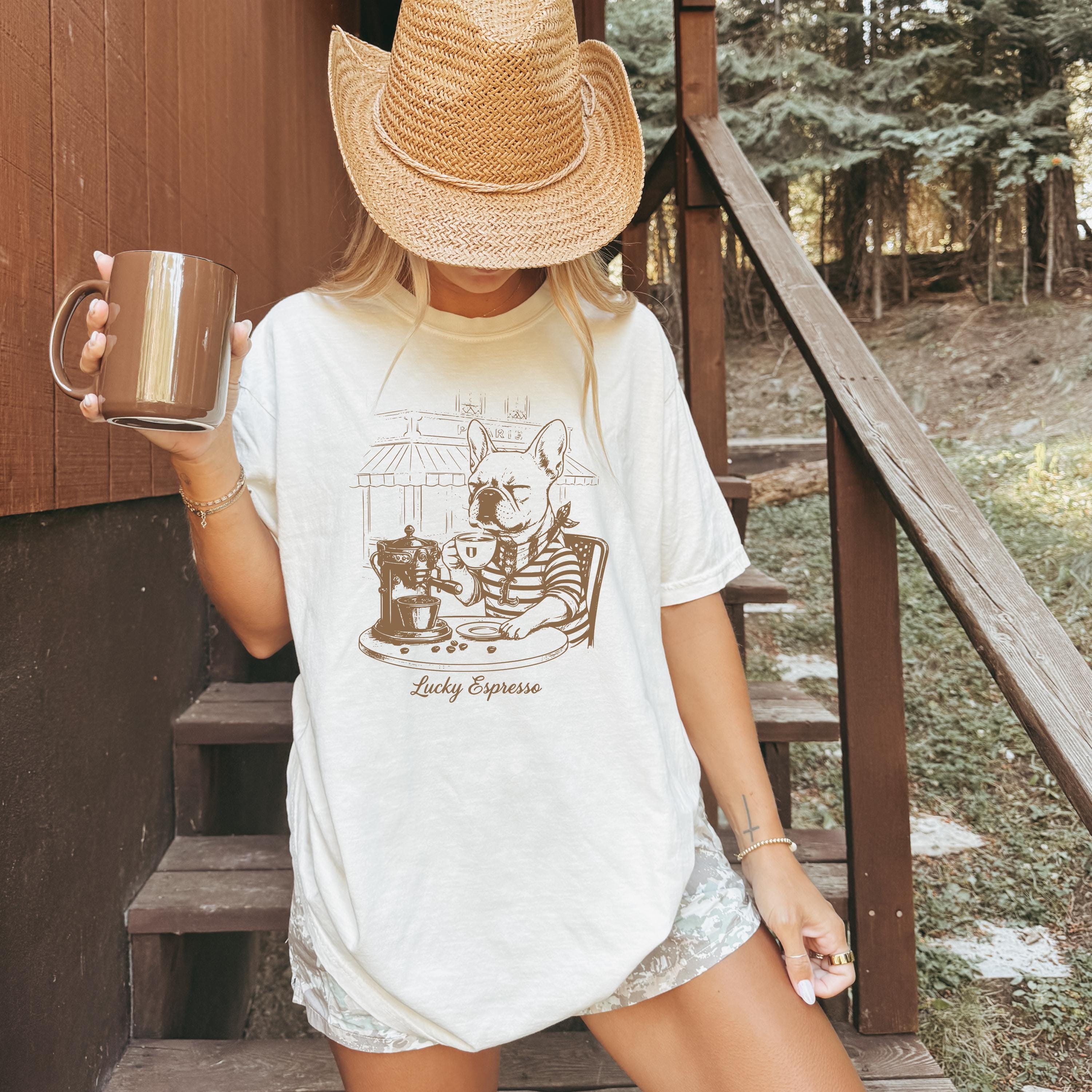 Coffee & Dogs T-Shirt -  French Bulldog Café Sketch, Dog Mom Gift, Comfort Colors