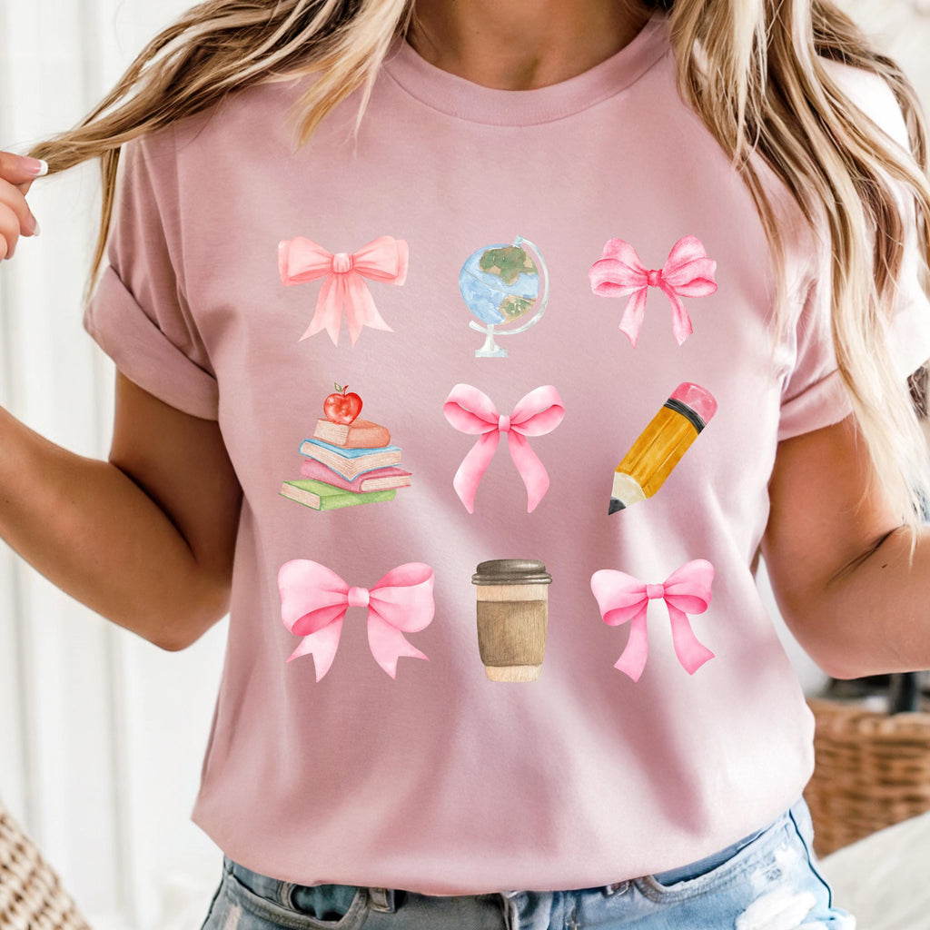 Pastel Coquette Teacher Shirt: Watercolor Bows, Books & Coffee