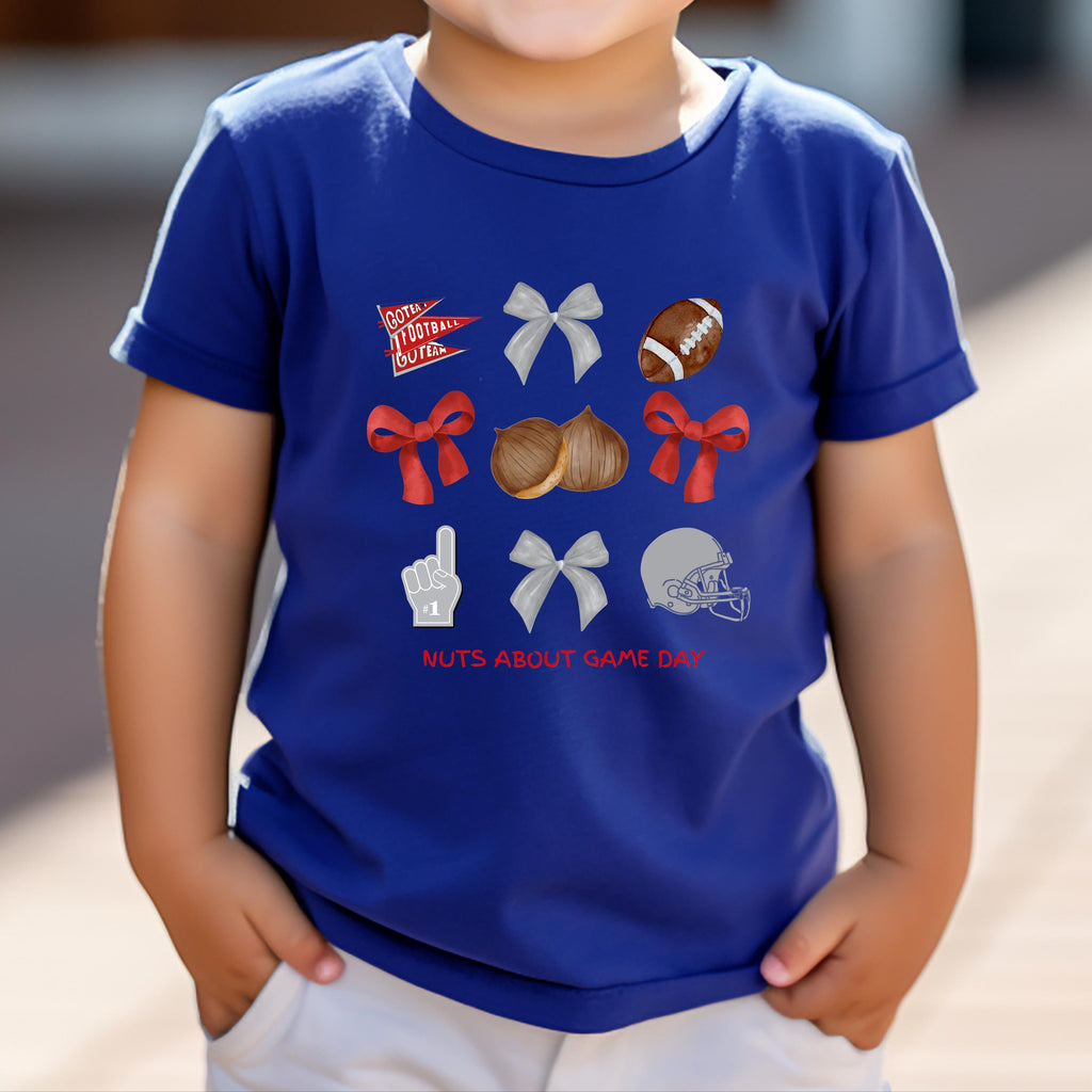 Kids Game Day Shirt, Watercolor Football Pennant & Bows Tee Red and Gray