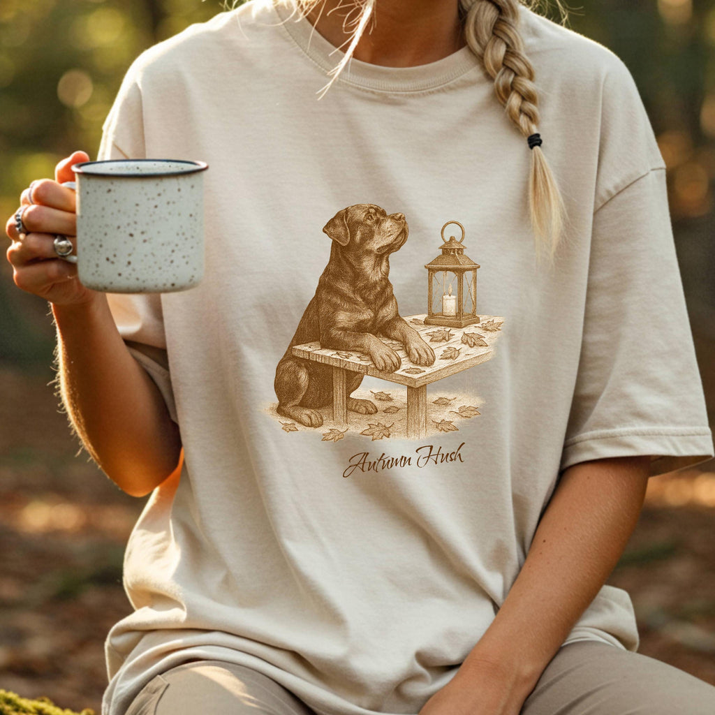 Rottweiler Autumn Hush Tee - Dog with Lantern & Falling Leaves - Vintage Cozy