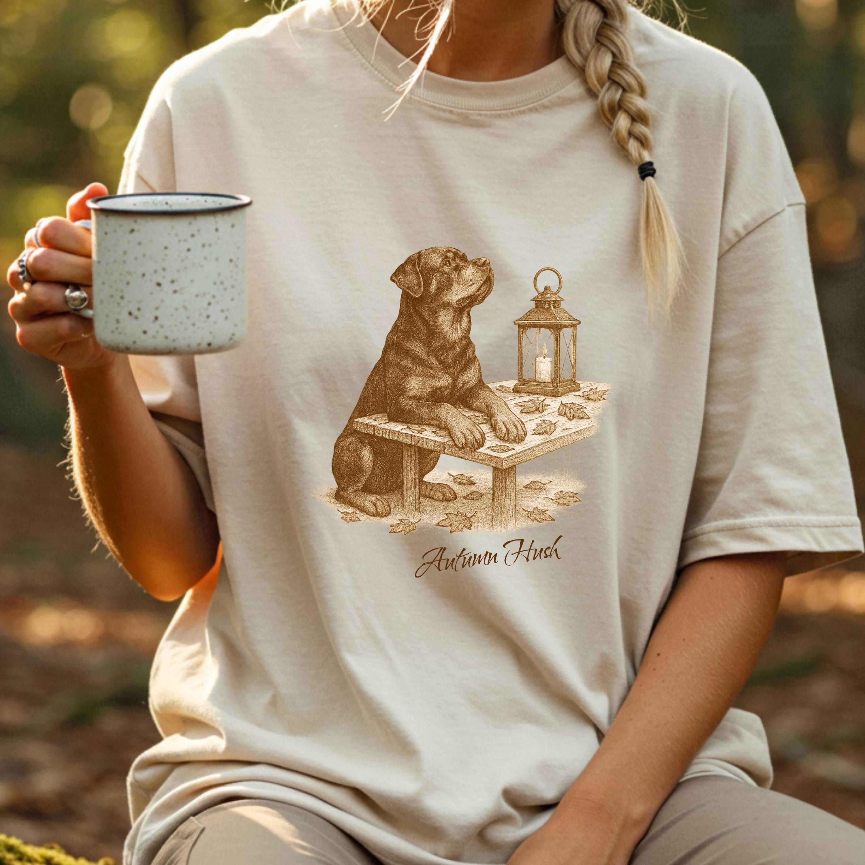 Rottweiler Autumn Hush Tee - Dog with Lantern & Falling Leaves - Vintage Cozy