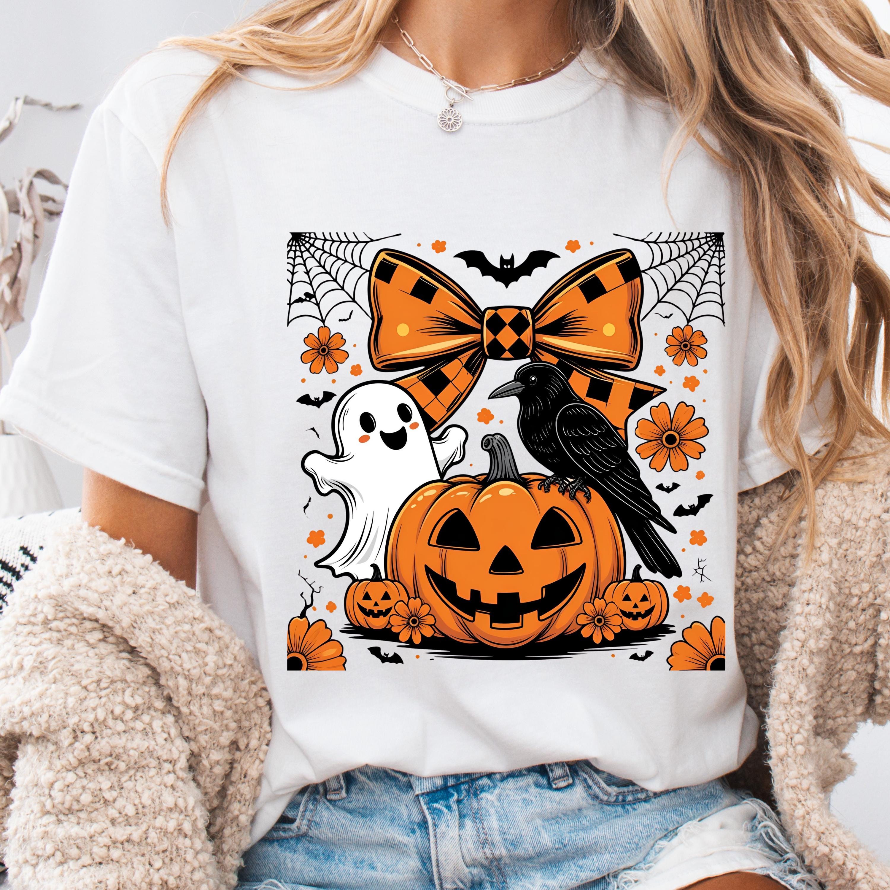 Halloween Vintage, Retro Checkered Halloween Png Witchy Vibes PngGhost Coquette Png, Spooky Season Png, Floral Fall Pumpkin Bow Sublimation
