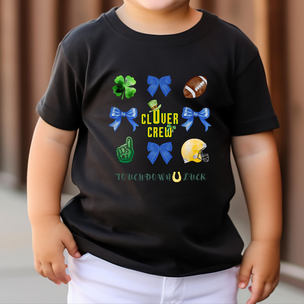 Kids St Patrick's Day Football Shirt, Clover Crew Shamrock Game Day Tee