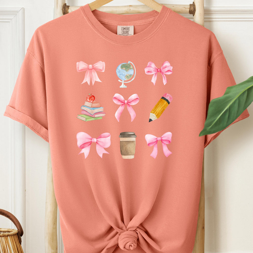 Pastel Coquette Teacher Shirt: Watercolor Bows, Books & Coffee