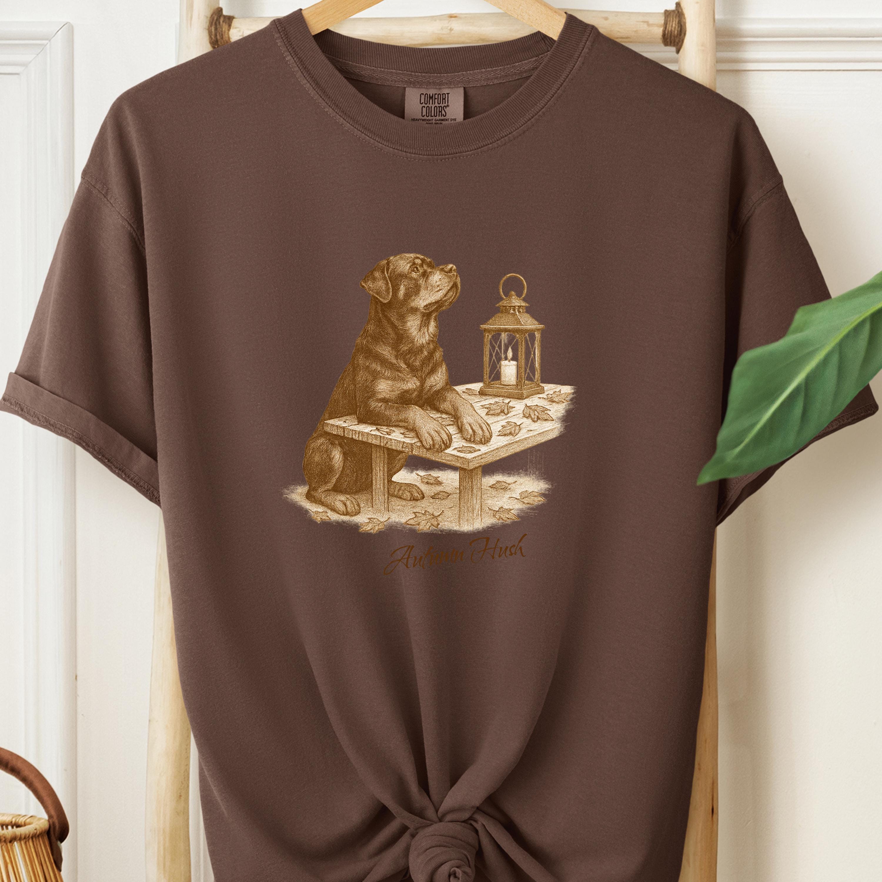 Rottweiler Autumn Hush Tee - Dog with Lantern & Falling Leaves - Vintage Cozy