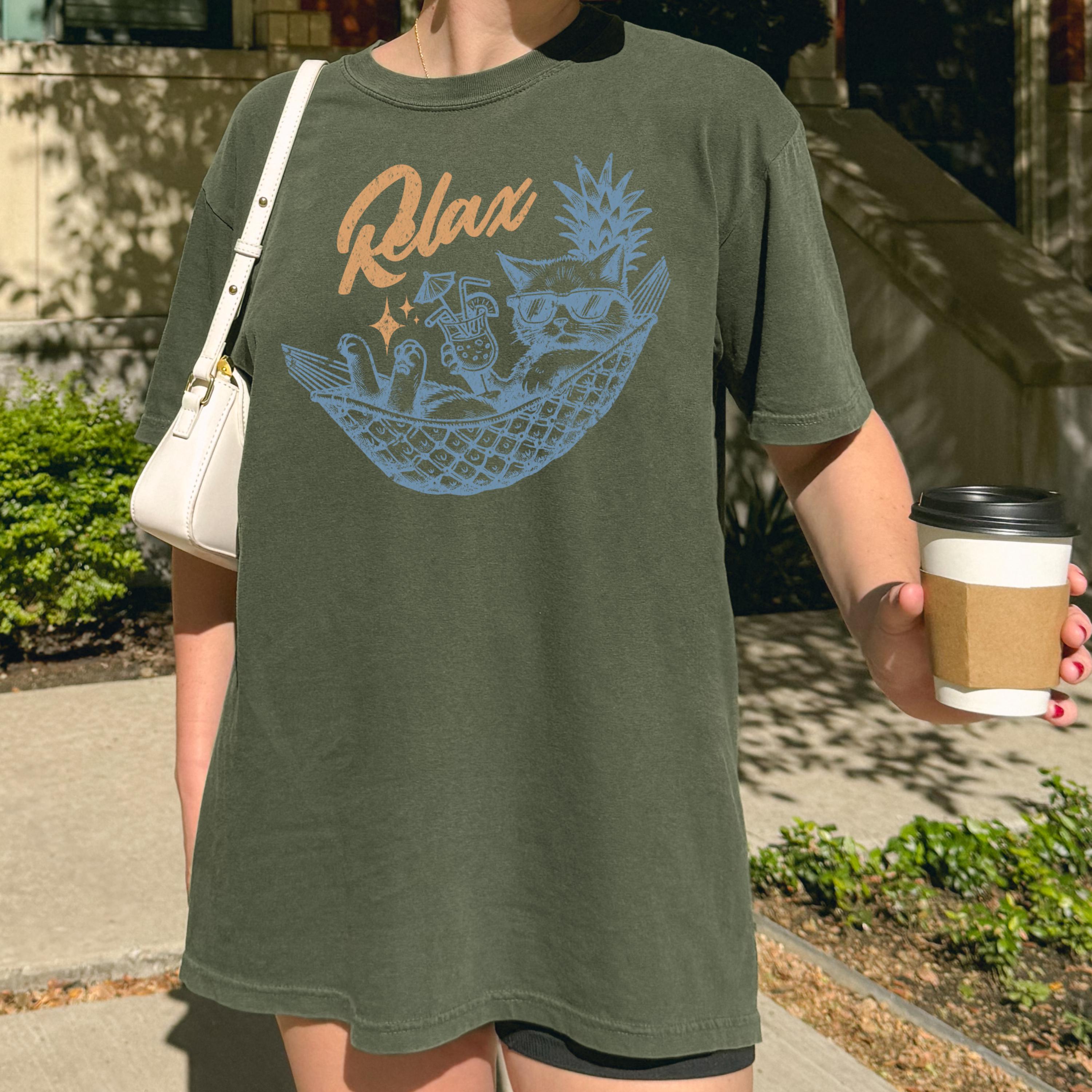 Relax Cat Hammock Shirt, Comfort Colors, Funny Cat Meme Beach Tee for Sunshine, Salty Vacations, Cocktail Club Graphic, Silly, Ghost Cat